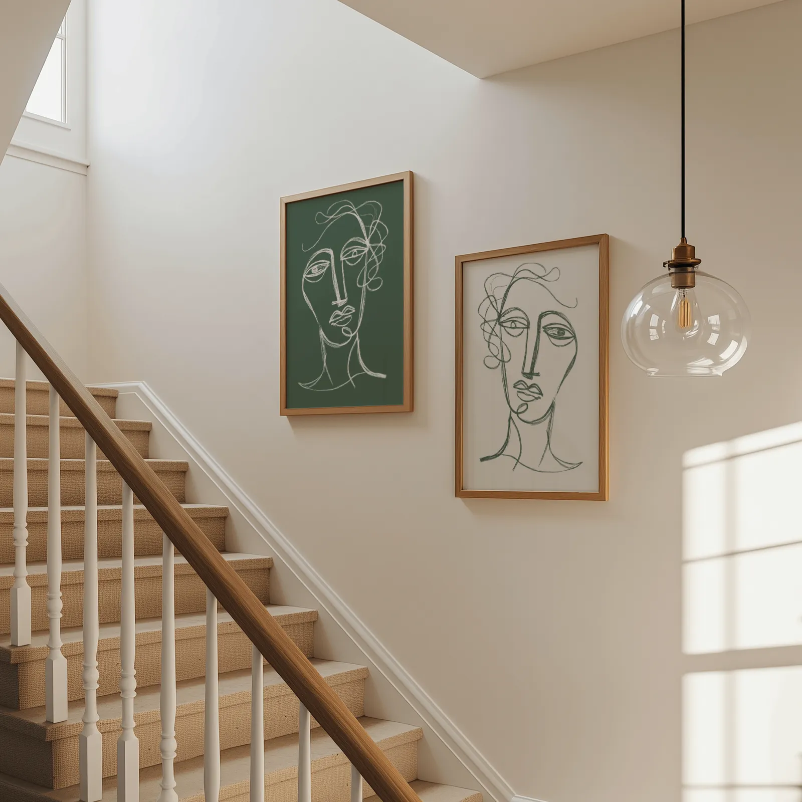green and cream abstract face line art set of two, beside a carpeted staircase under a glass pendant light