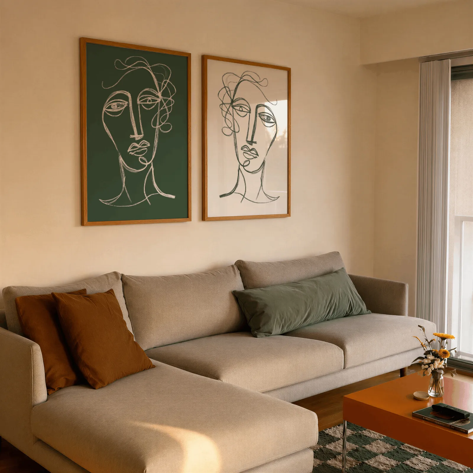 green and cream abstract face line art set of two, side by side above a beige sectional sofa