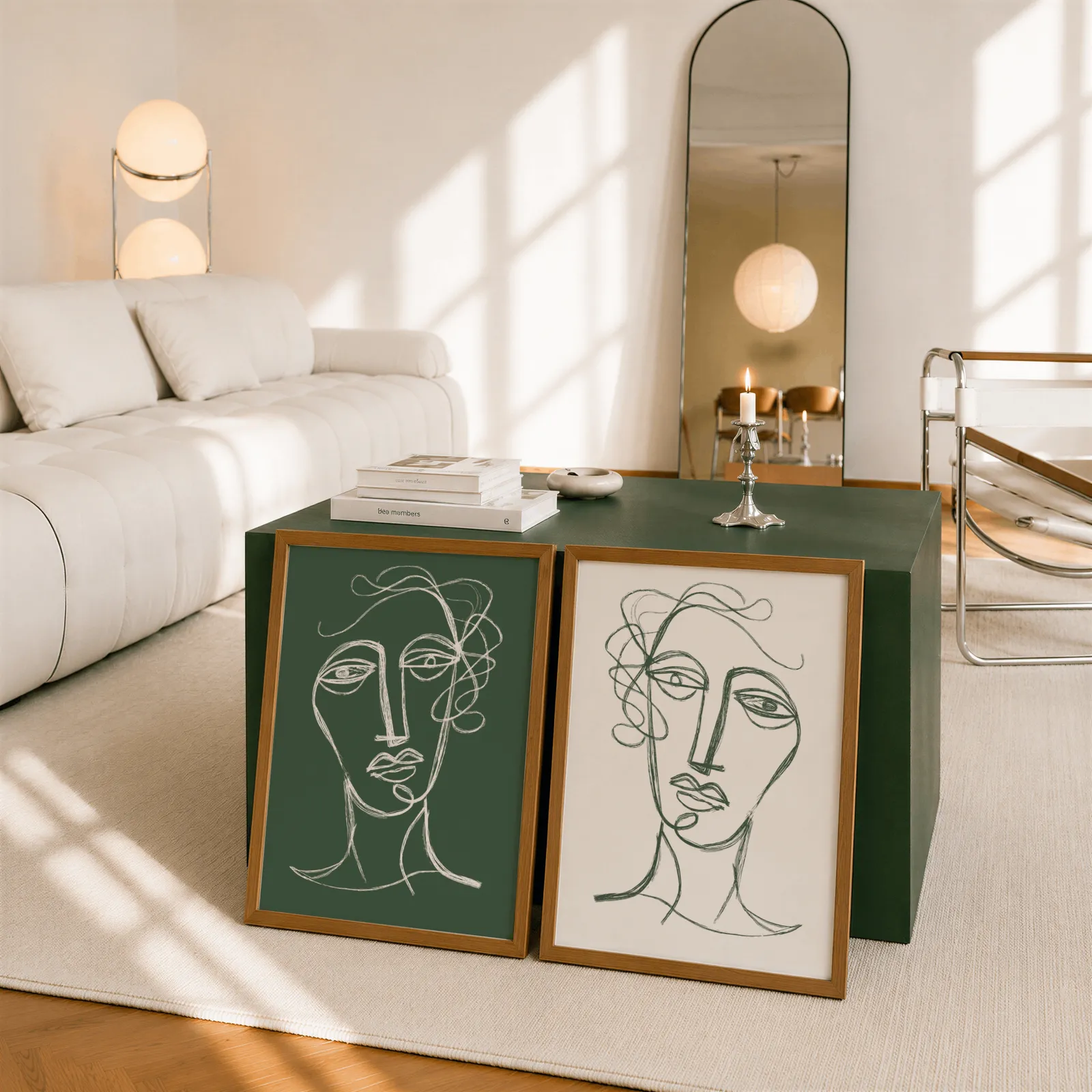 green and cream abstract face line art set of two, leaning against a dark green cube table beside an arched mirror