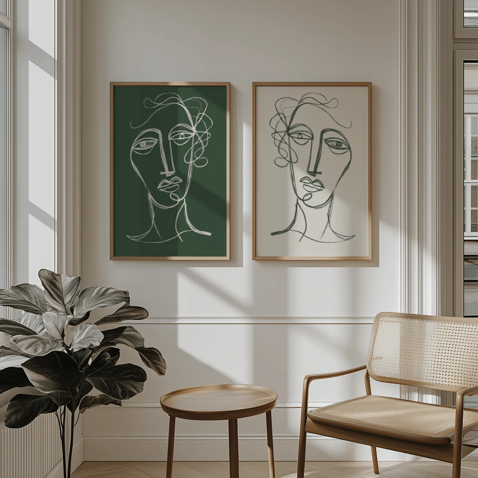 green and cream abstract face line art set of two, above wainscoting beside a cane armchair and fiddle-leaf fig