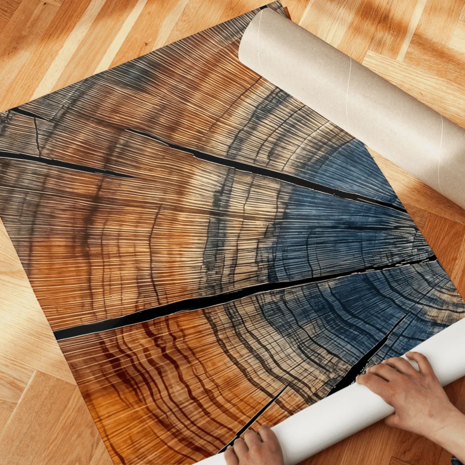blue and orange tree rings triptych wall art, unrolled across a herringbone wood floor by hand