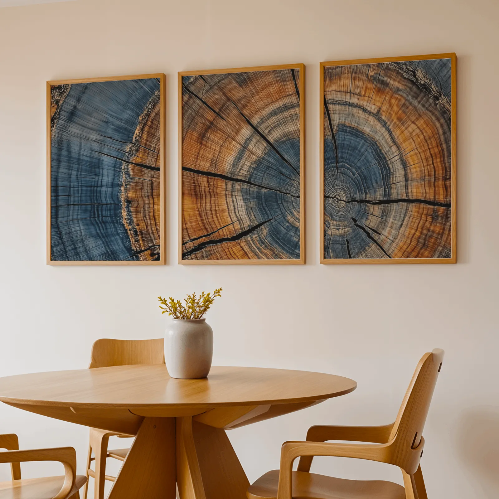 blue and orange tree rings triptych wall art, above a round wooden table with a stoneware vase