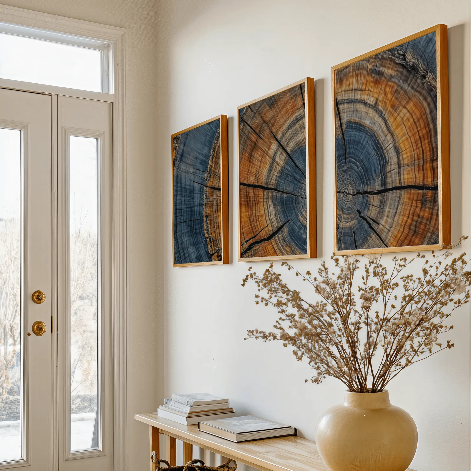 blue and orange tree rings triptych wall art, above a console table with a yellow vase of dried branches