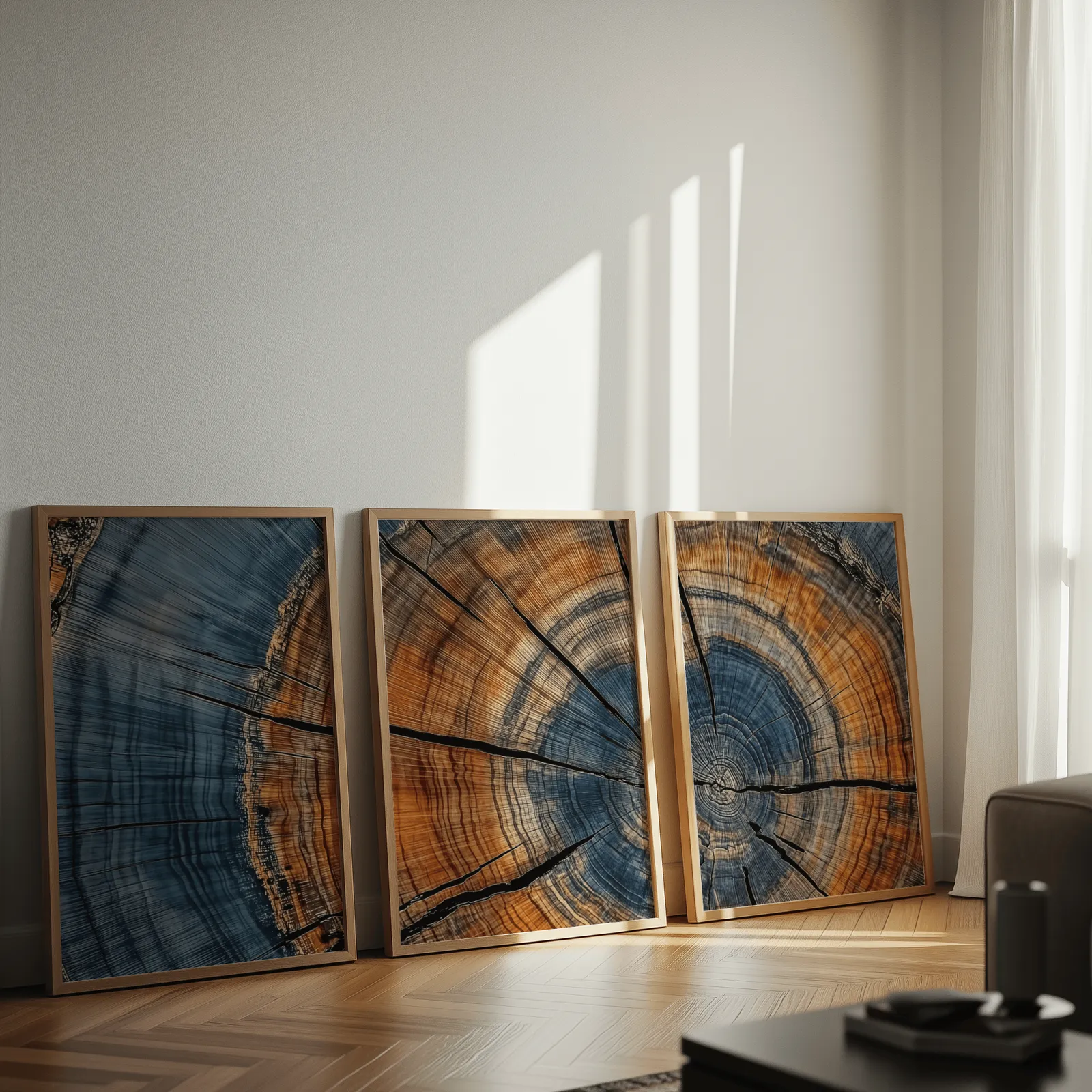 blue and orange tree rings triptych wall art, leaning against a sunlit wall on herringbone flooring