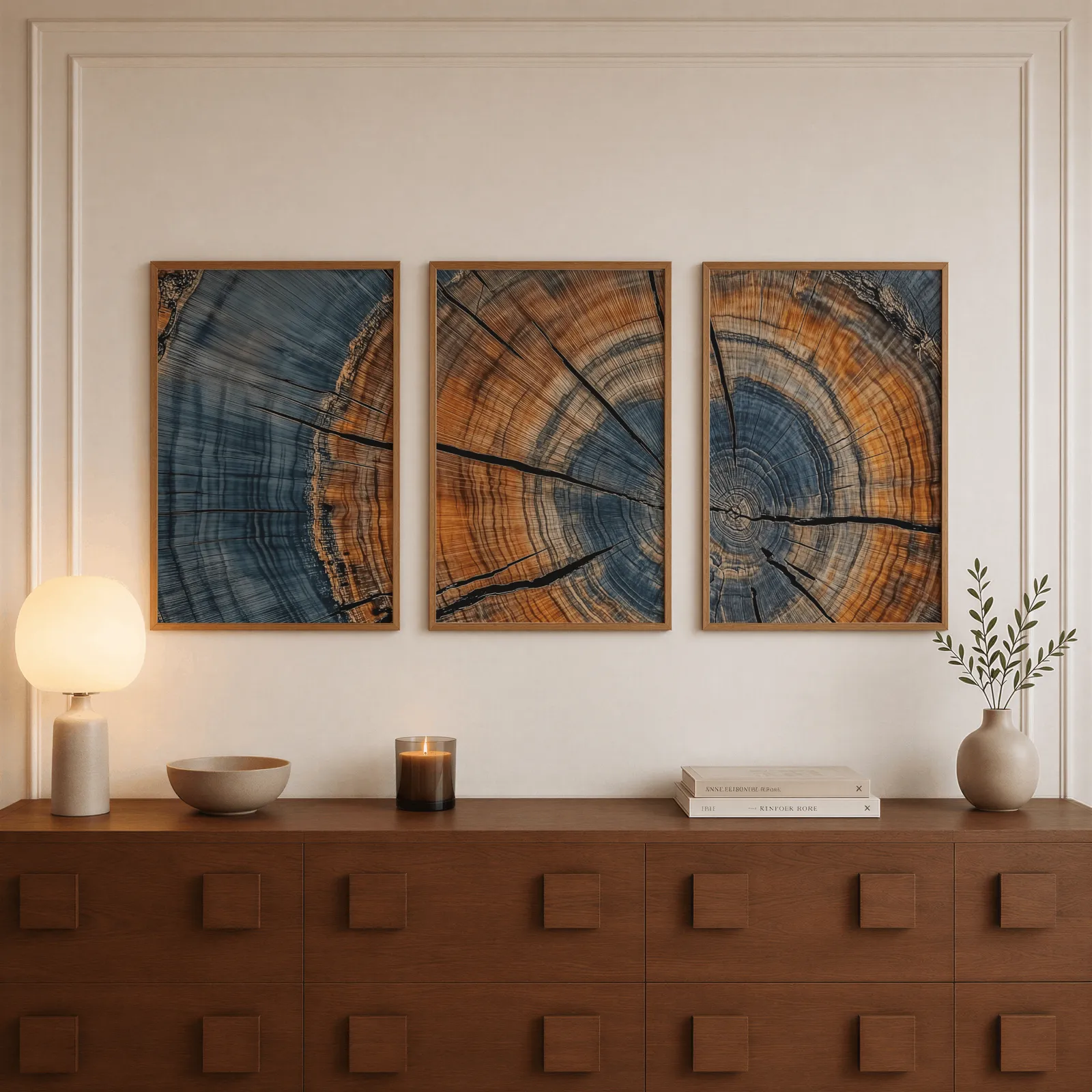 blue and orange tree rings triptych wall art, above a walnut sideboard with a lit candle and glowing lamp