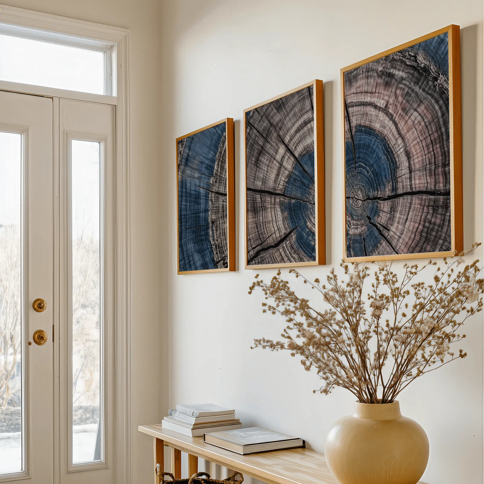 blue and pink tree rings triptych wall art, above a console table with a yellow vase of dried branches