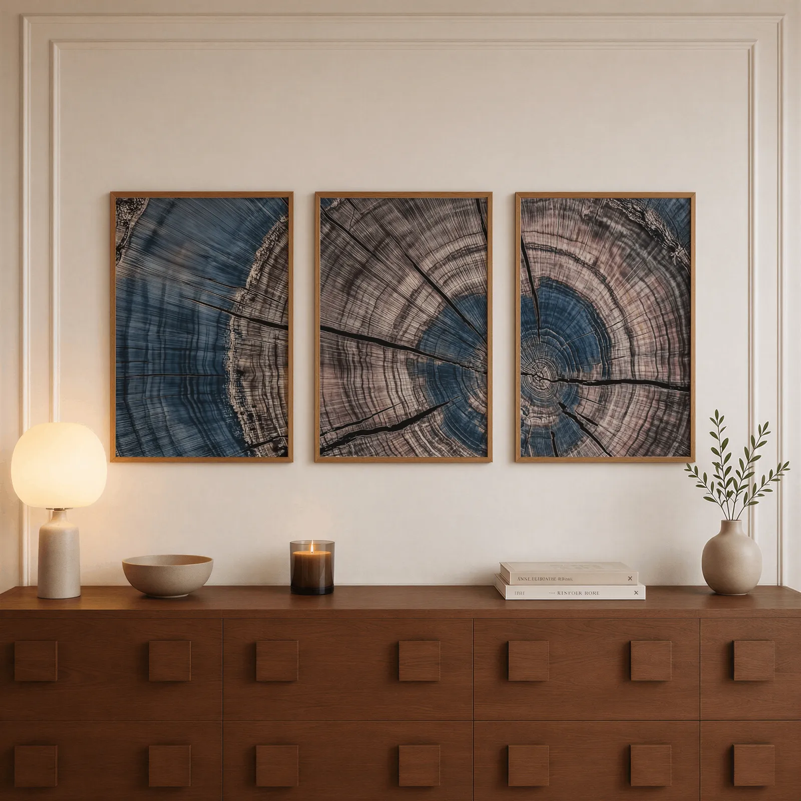 blue and pink tree rings triptych wall art, above a walnut sideboard with a lit candle and glowing lamp