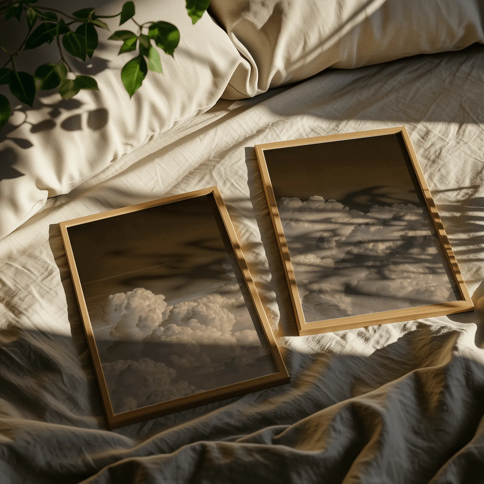 moody cloud landscape wall art set of 2, resting on rumpled linen sheets with dappled leaf shadows