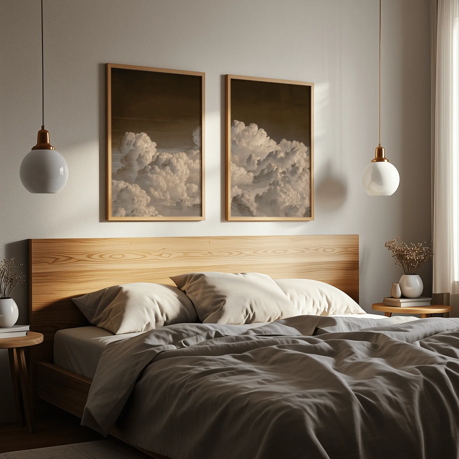 moody cloud landscape wall art set of 2, above a wooden headboard flanked by globe pendant lights