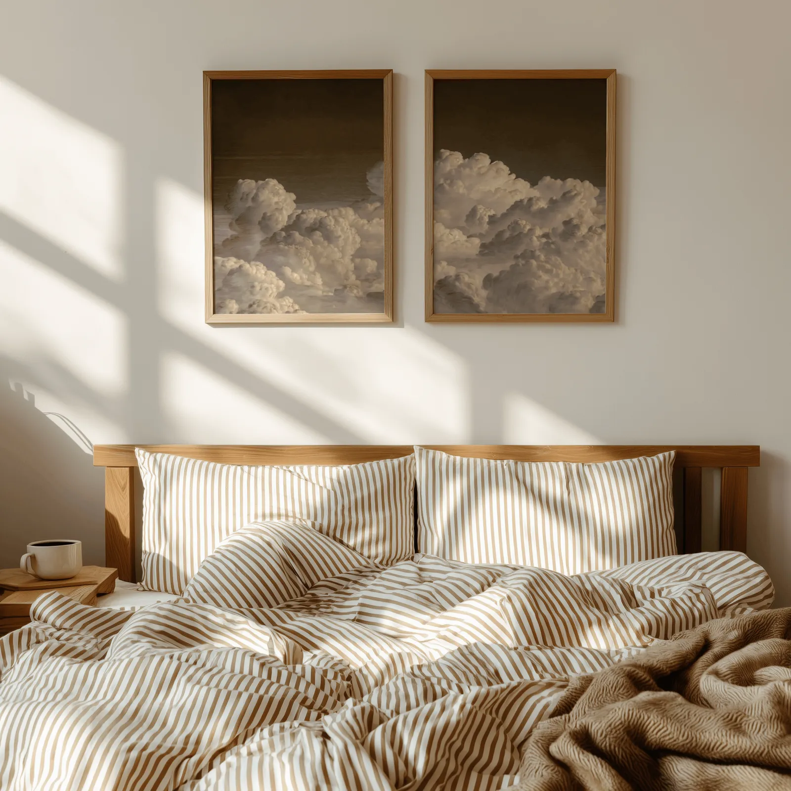 moody cloud landscape wall art set of 2, above a wooden headboard with striped bedding and raking sunlight