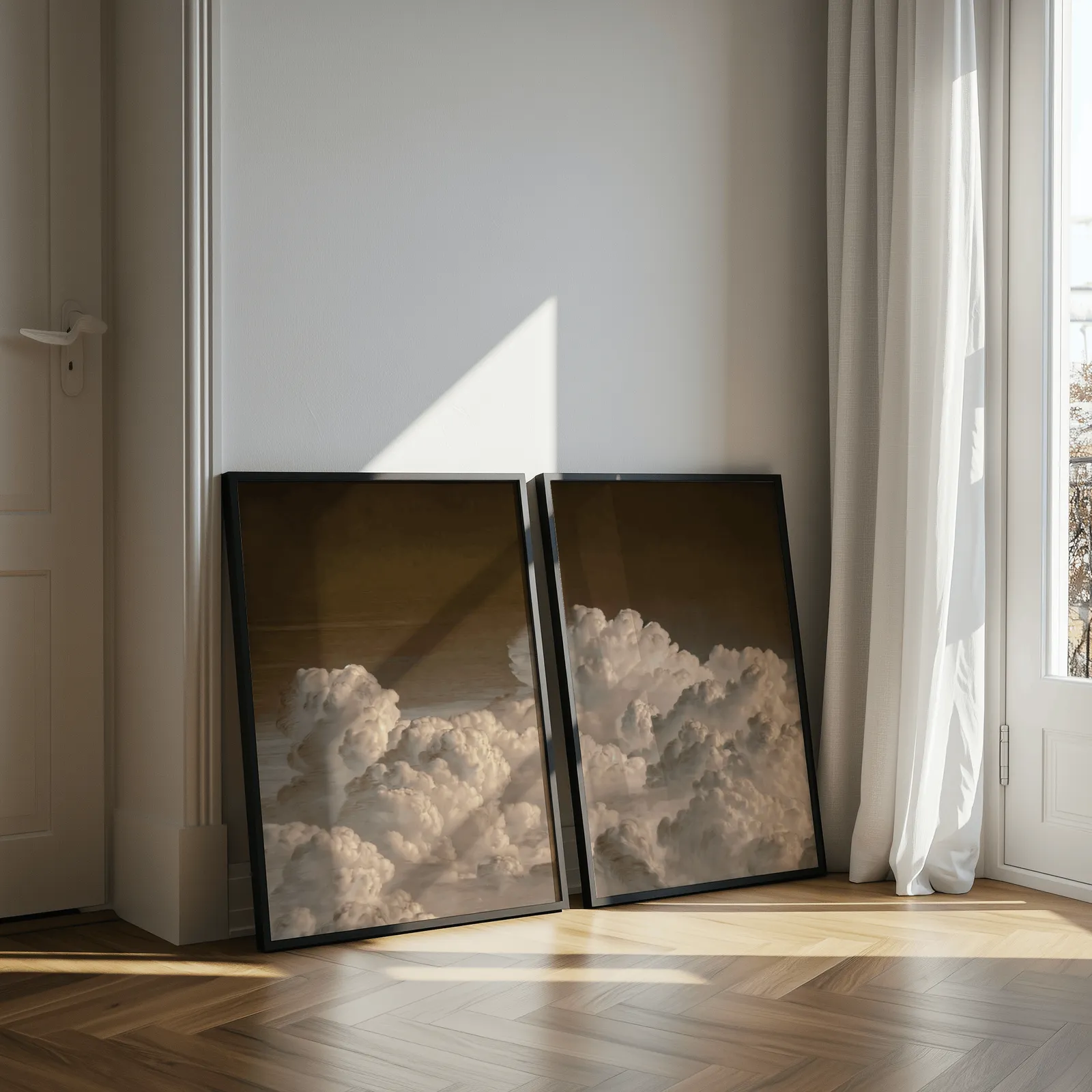 moody cloud landscape wall art set of 2, leaning against a sunlit wall by herringbone floor and sheer curtains