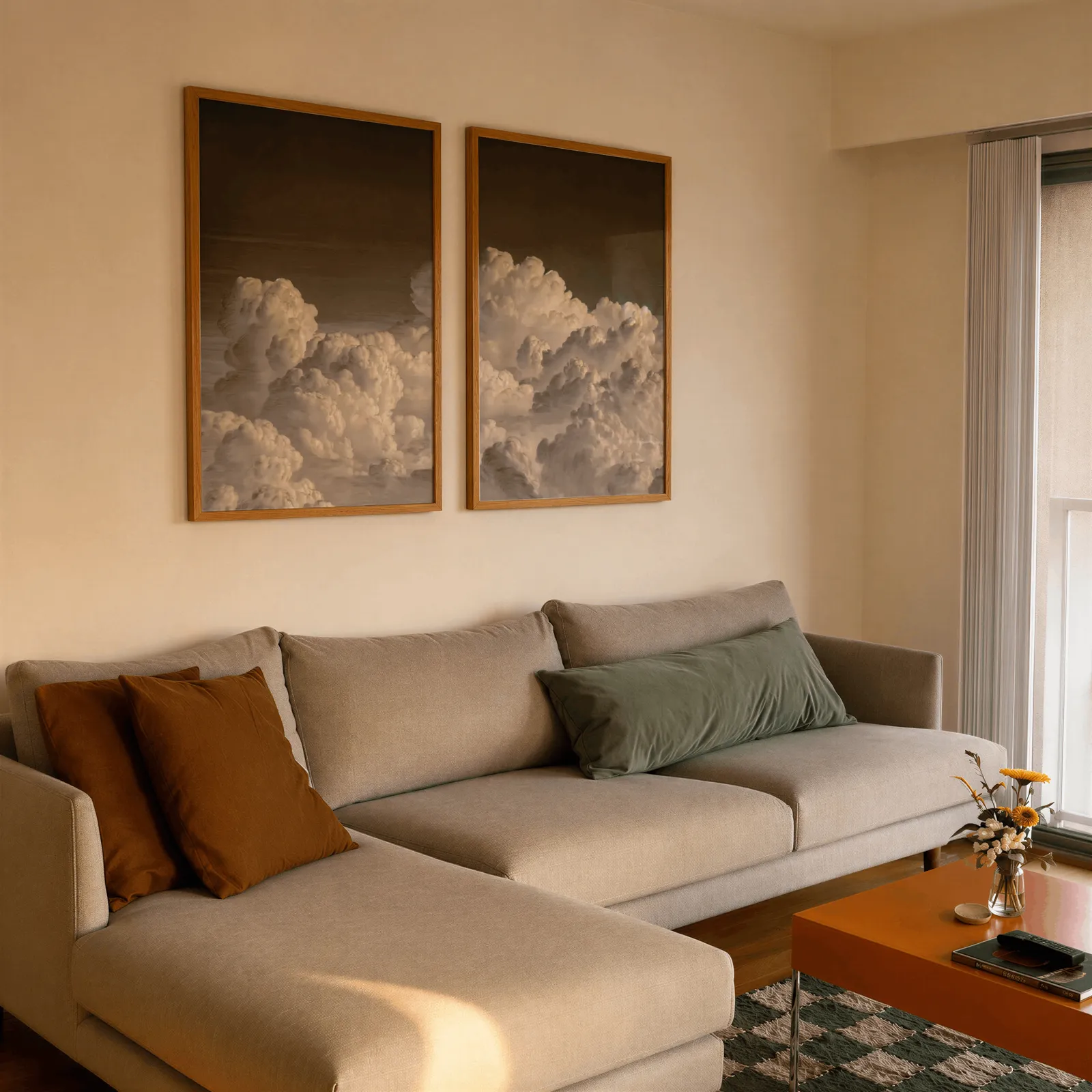 moody cloud landscape wall art set of 2, side by side above a beige sectional sofa