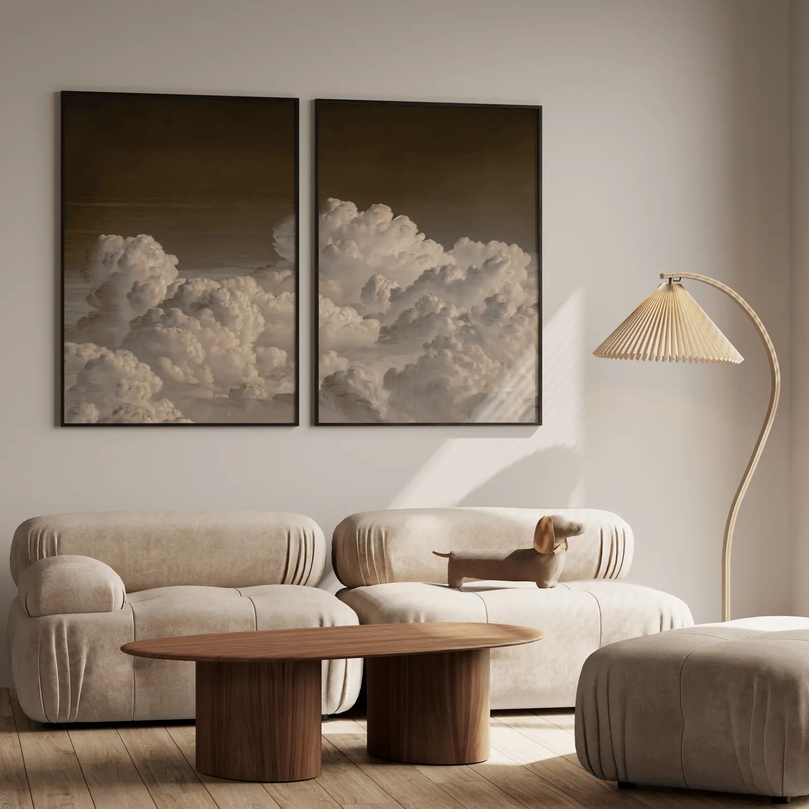 moody cloud landscape wall art set of 2, above a plush beige sofa with a pleated lamp nearby