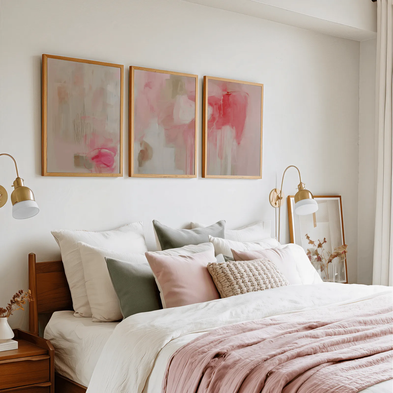 pink abstract triptych wall art, in a row above a pink and cream bed with brass sconces