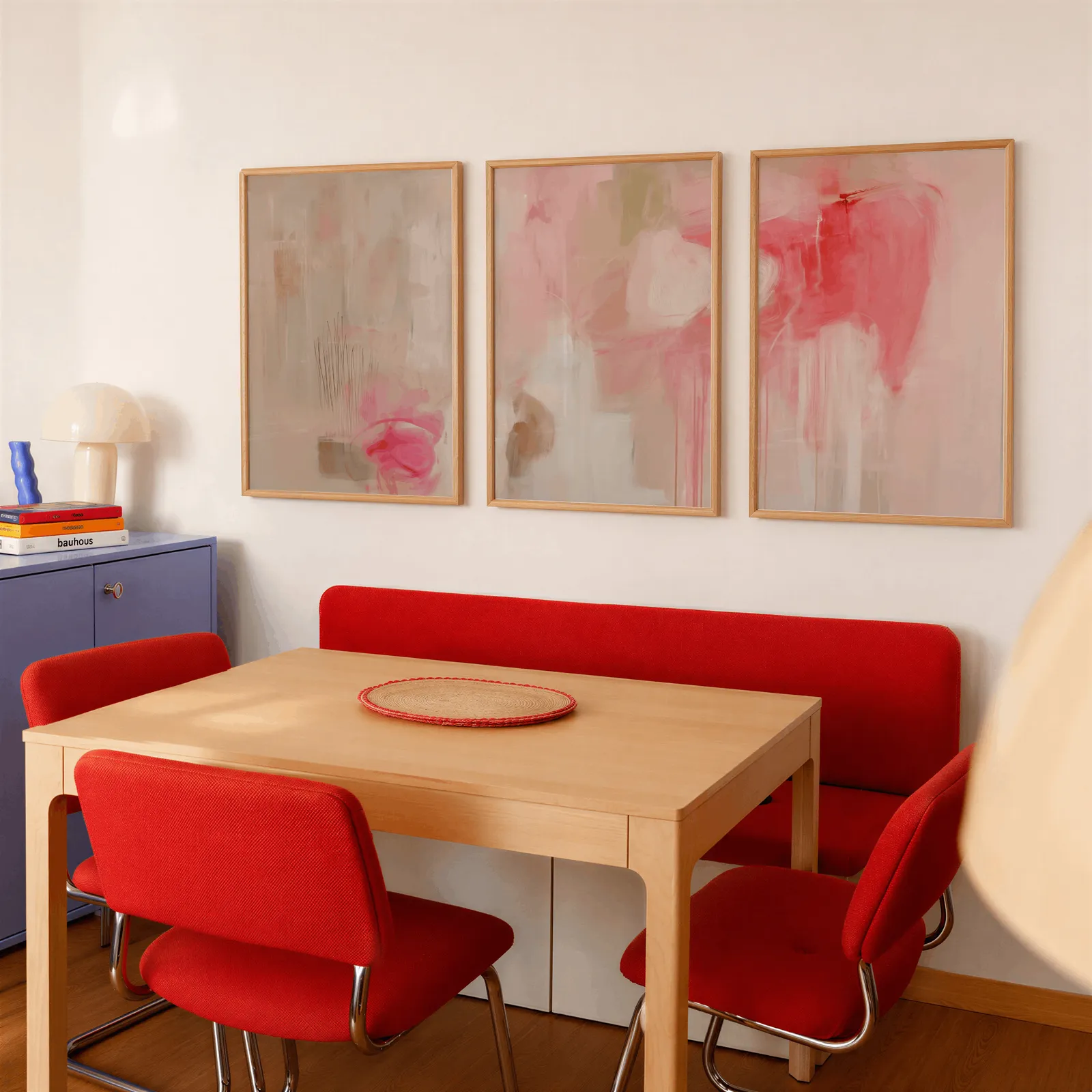 pink abstract triptych wall art, above a red banquette bench beside a lavender cabinet