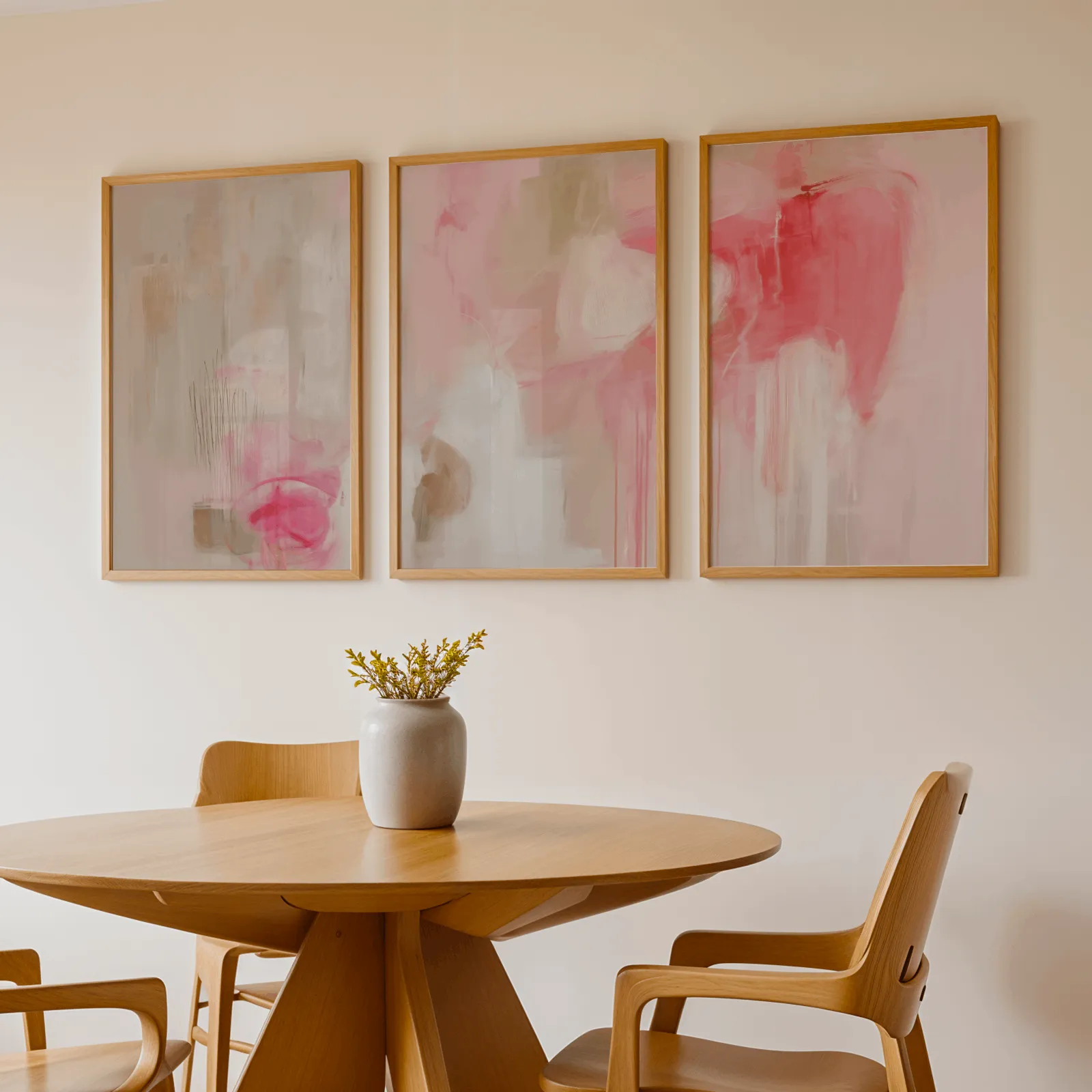 pink abstract triptych wall art, above a round wooden table with a stoneware vase