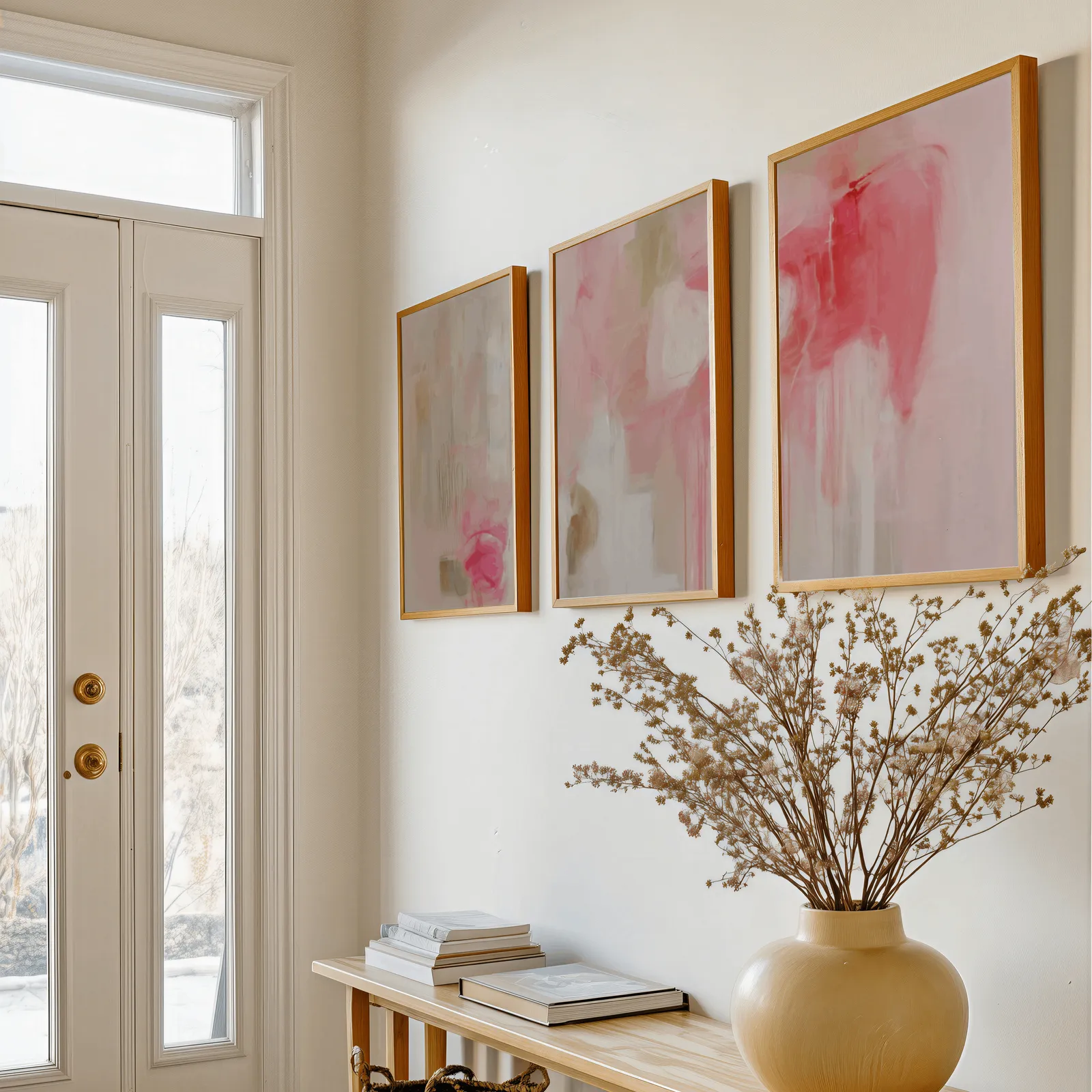 pink abstract triptych wall art, above a console table with a yellow vase of dried branches