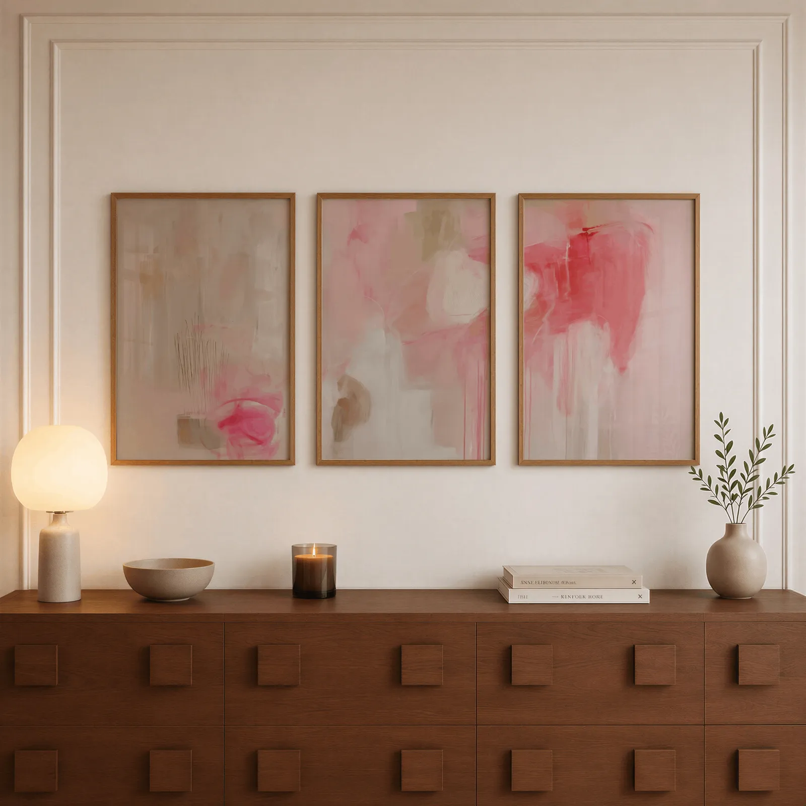 pink abstract triptych wall art, above a walnut sideboard with a lit candle and glowing lamp