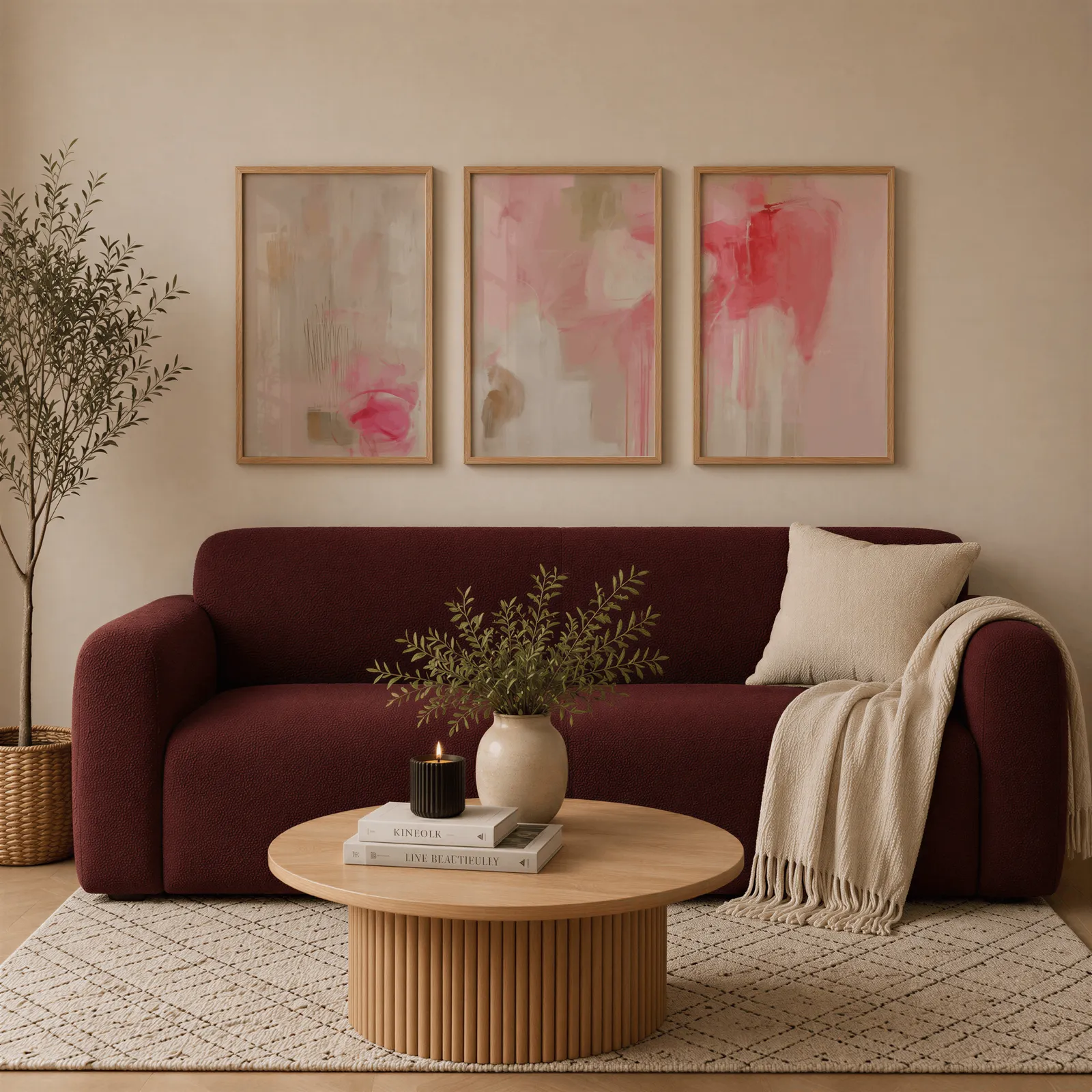 pink abstract triptych wall art, above a burgundy boucle sofa with a cream throw
