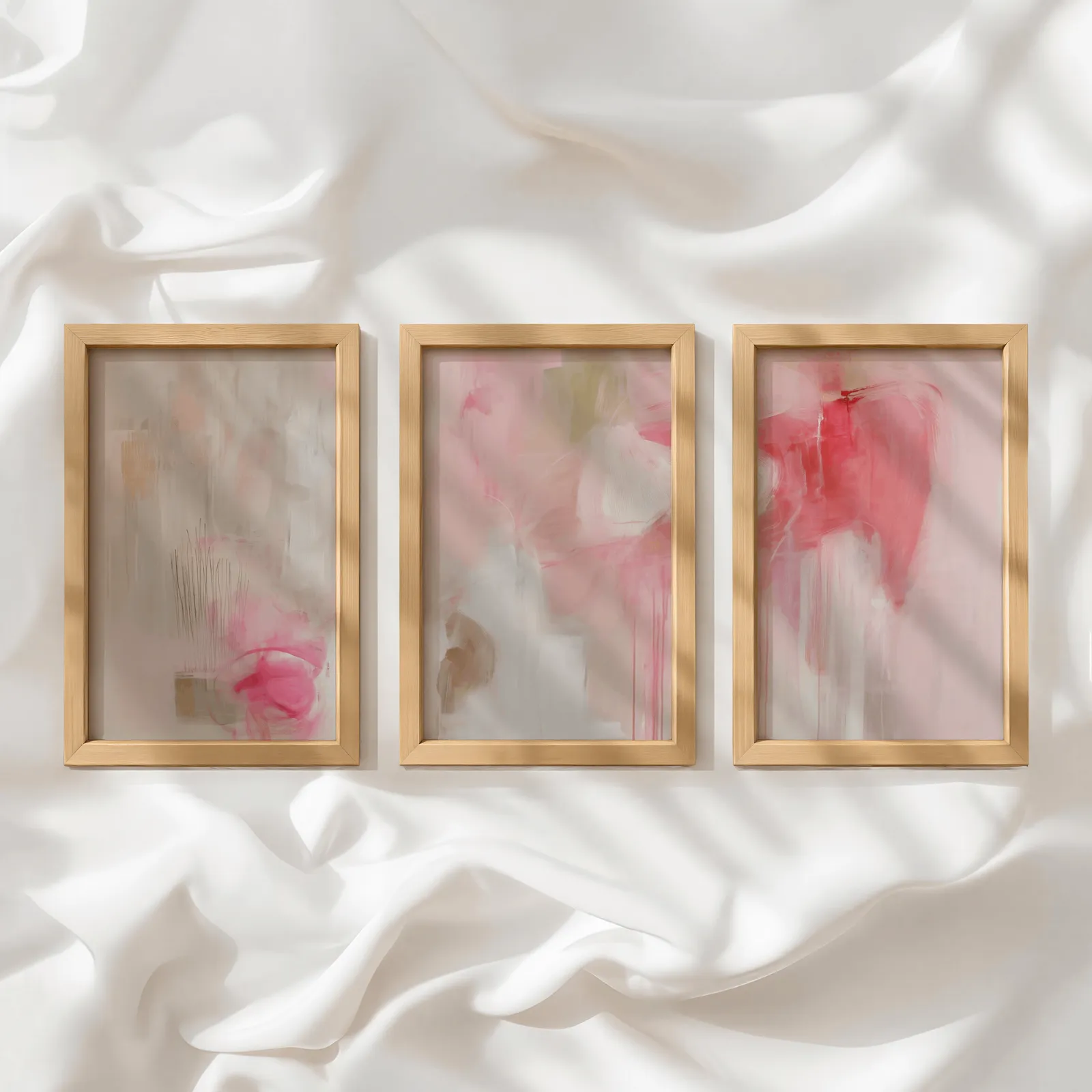 pink abstract triptych wall art, in a row atop rumpled white silky fabric