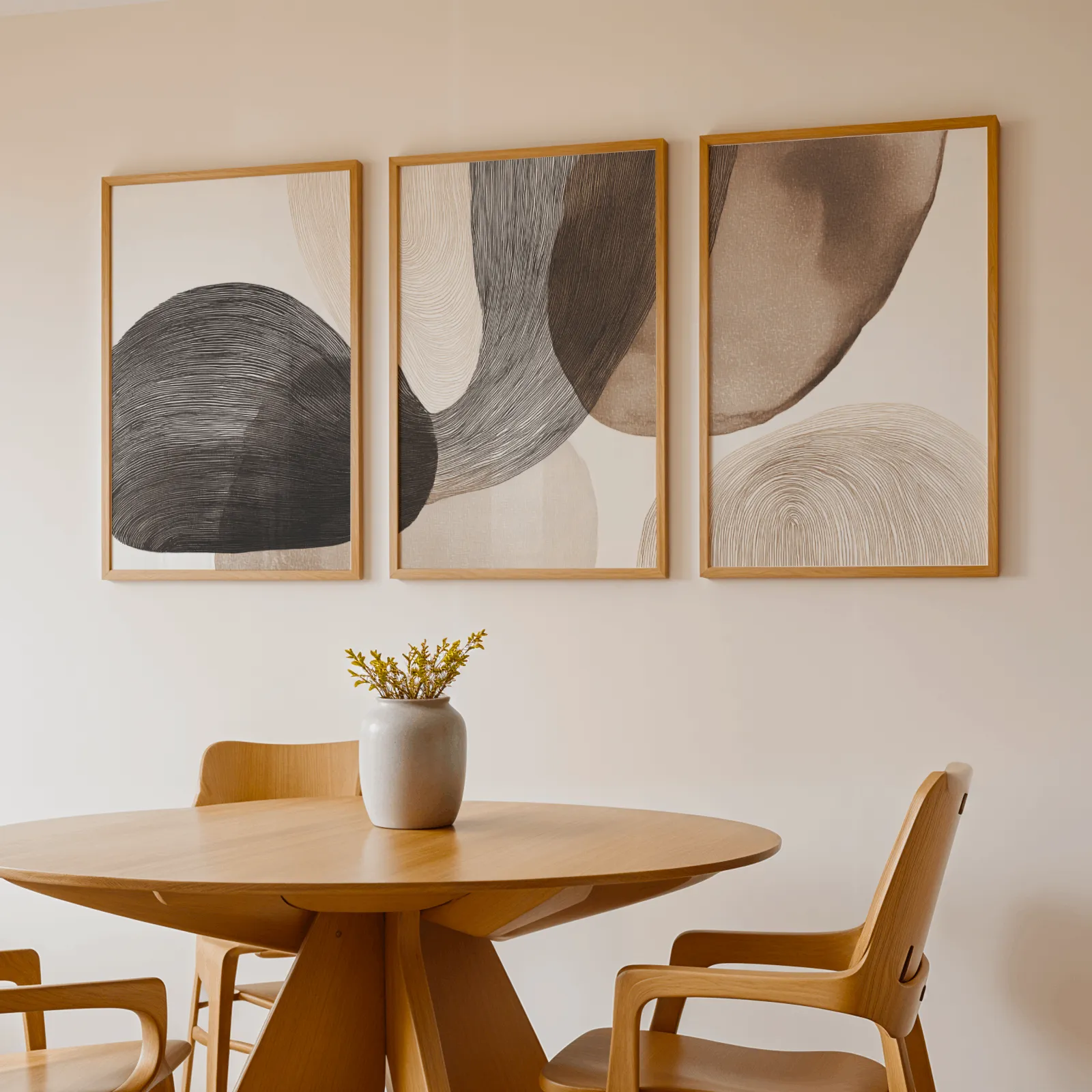 neutral abstract wall art set of 3 with curved organic forms, above a round wooden table with a stoneware vase