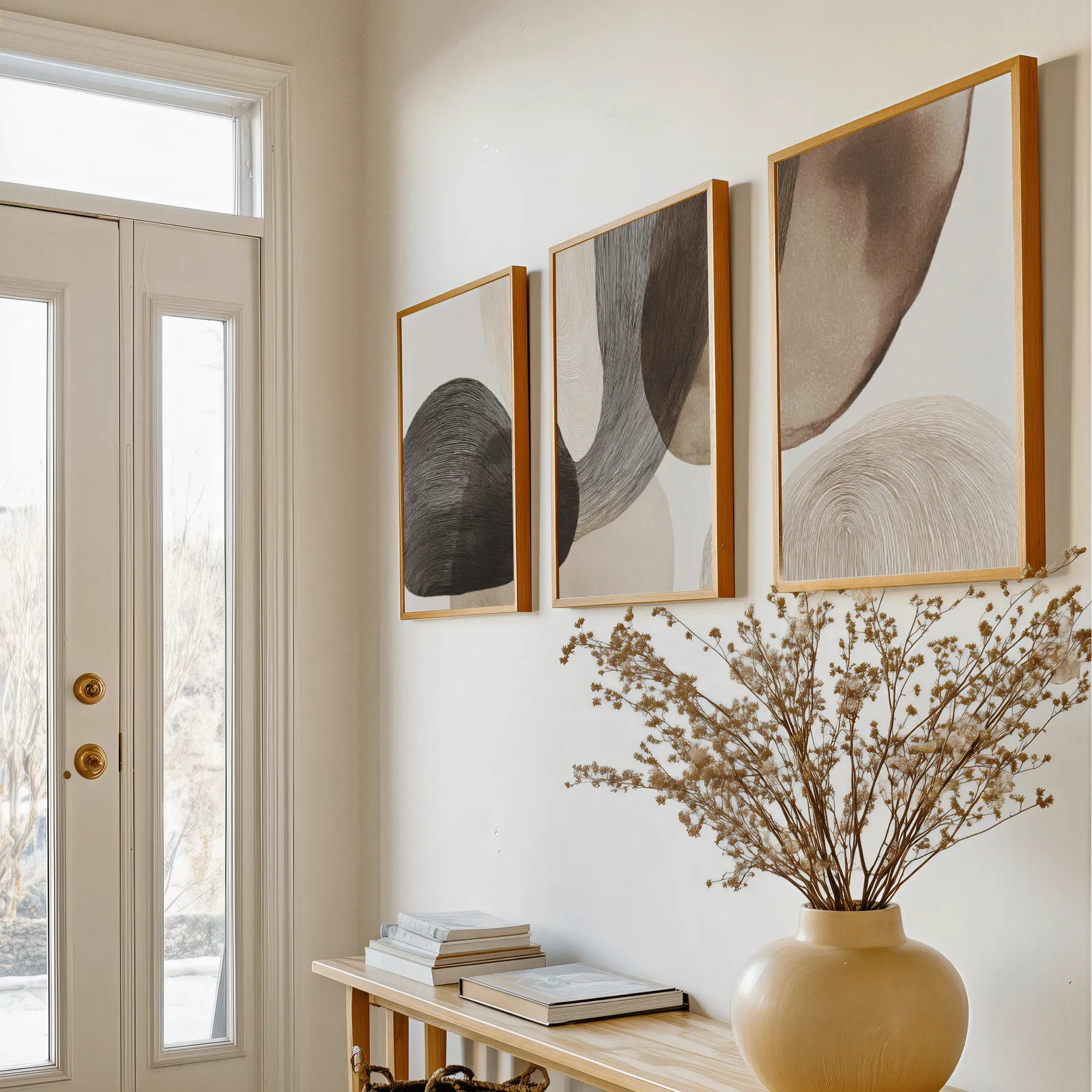 neutral abstract wall art set of 3 with curved organic forms, above a console table with a yellow vase of dried branches
