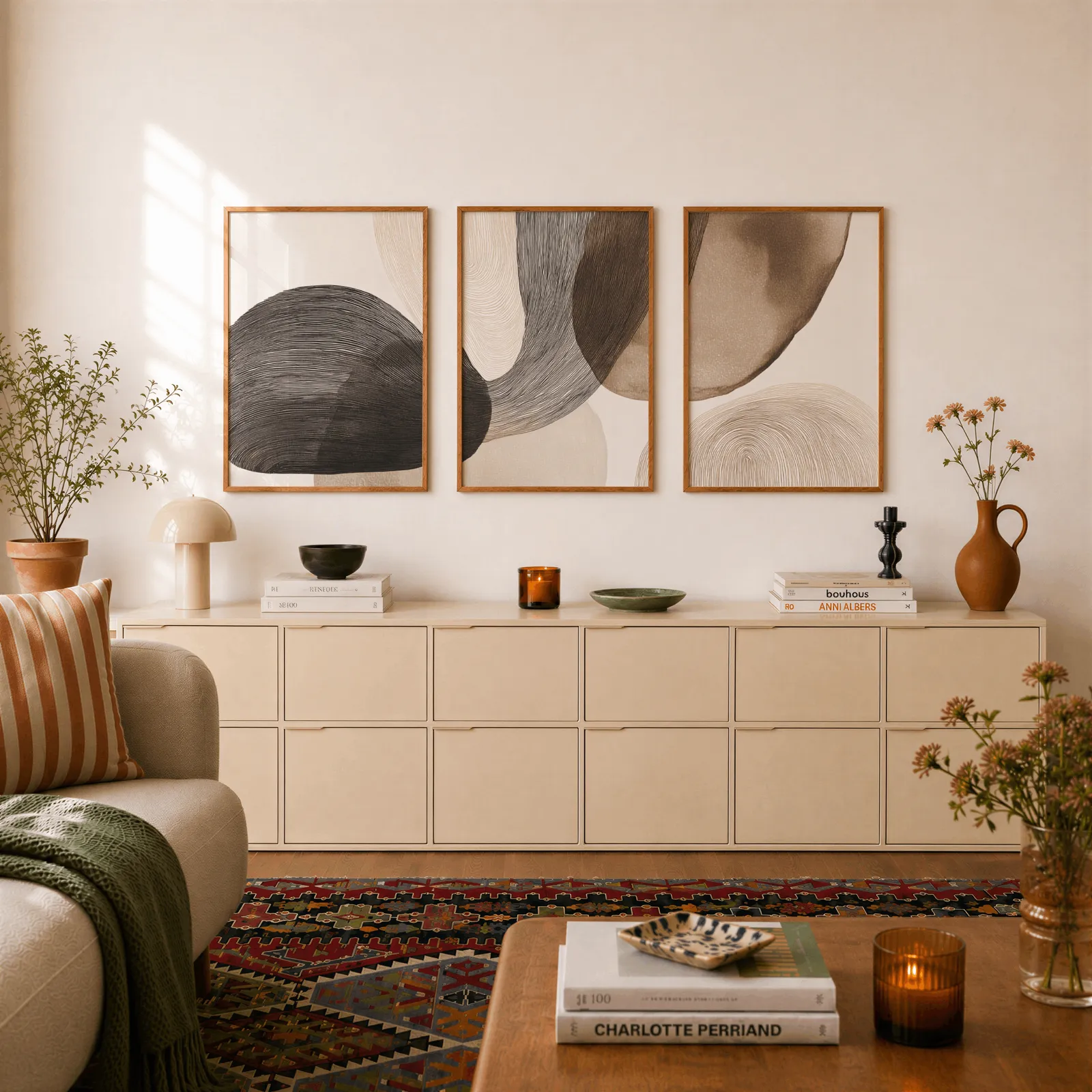 neutral abstract wall art set of 3 with curved organic forms, above a long cream sideboard topped with books and a terracotta jug