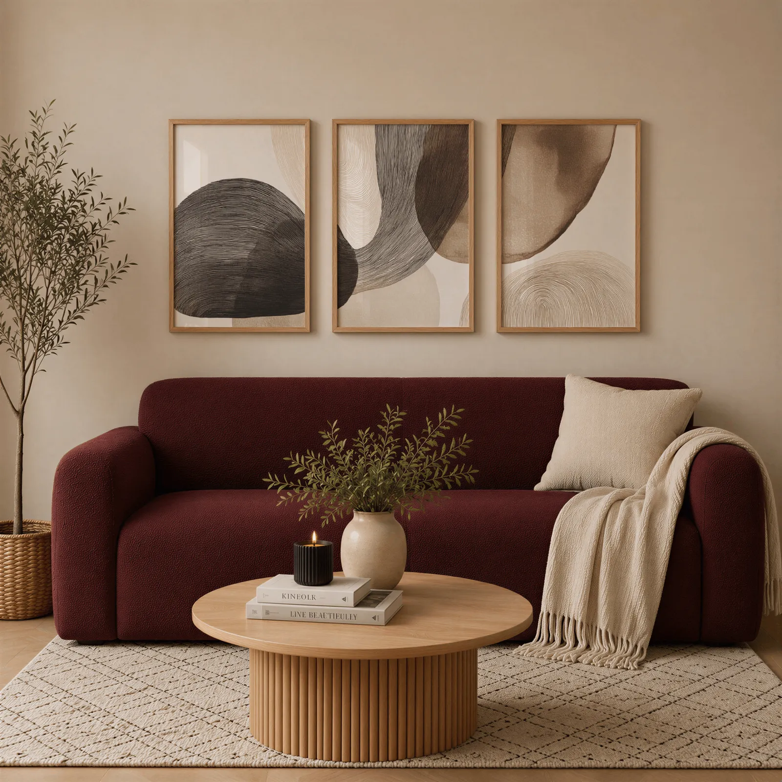 neutral abstract wall art set of 3 with curved organic forms, above a burgundy boucle sofa with a cream throw