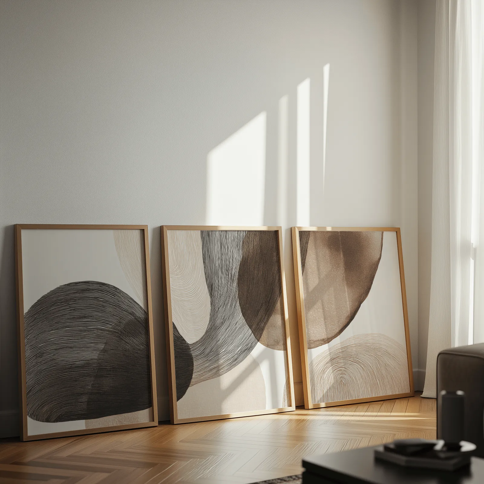 neutral abstract wall art set of 3 with curved organic forms, leaning against a sunlit wall on herringbone flooring