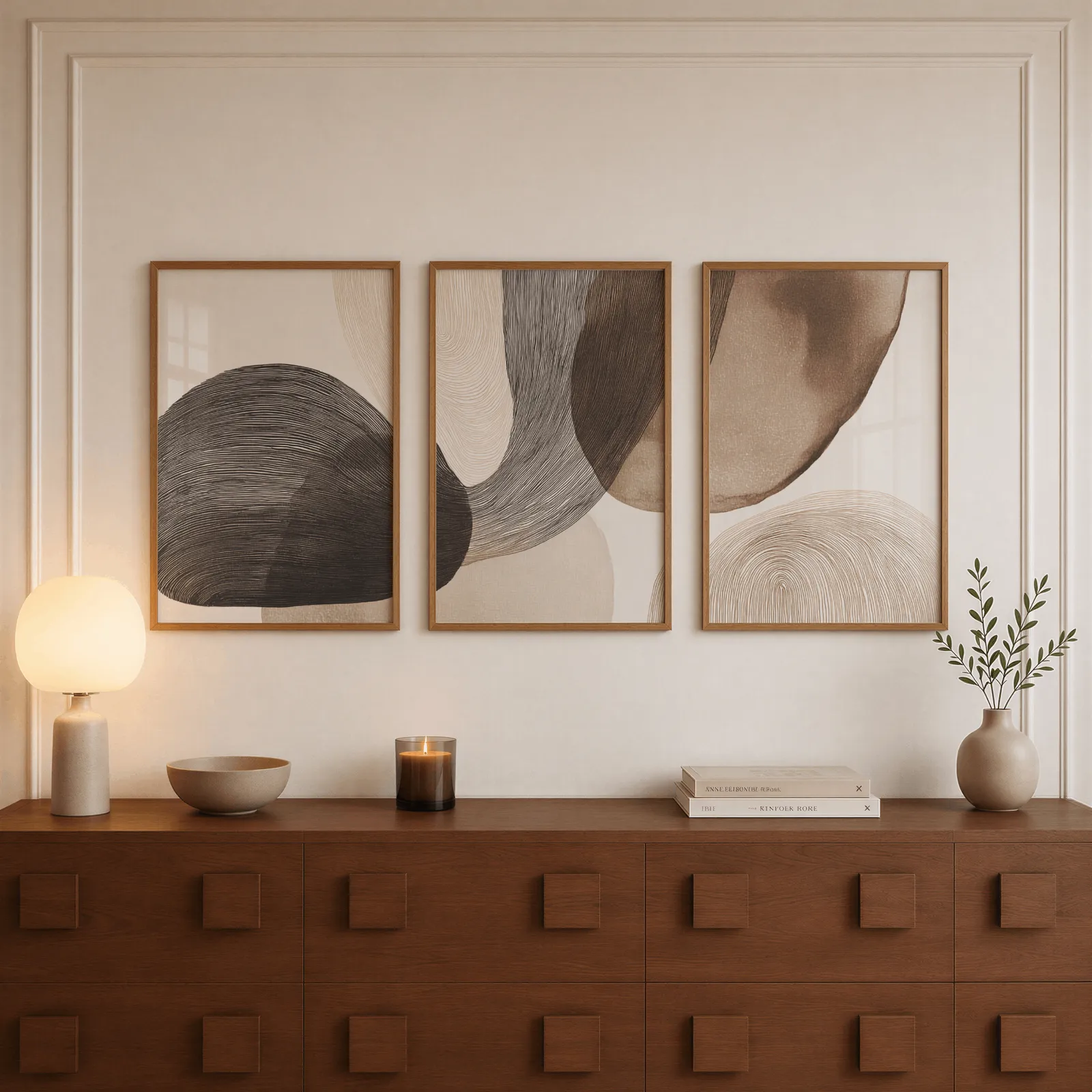 neutral abstract wall art set of 3 with curved organic forms, above a walnut sideboard with a lit candle and glowing lamp
