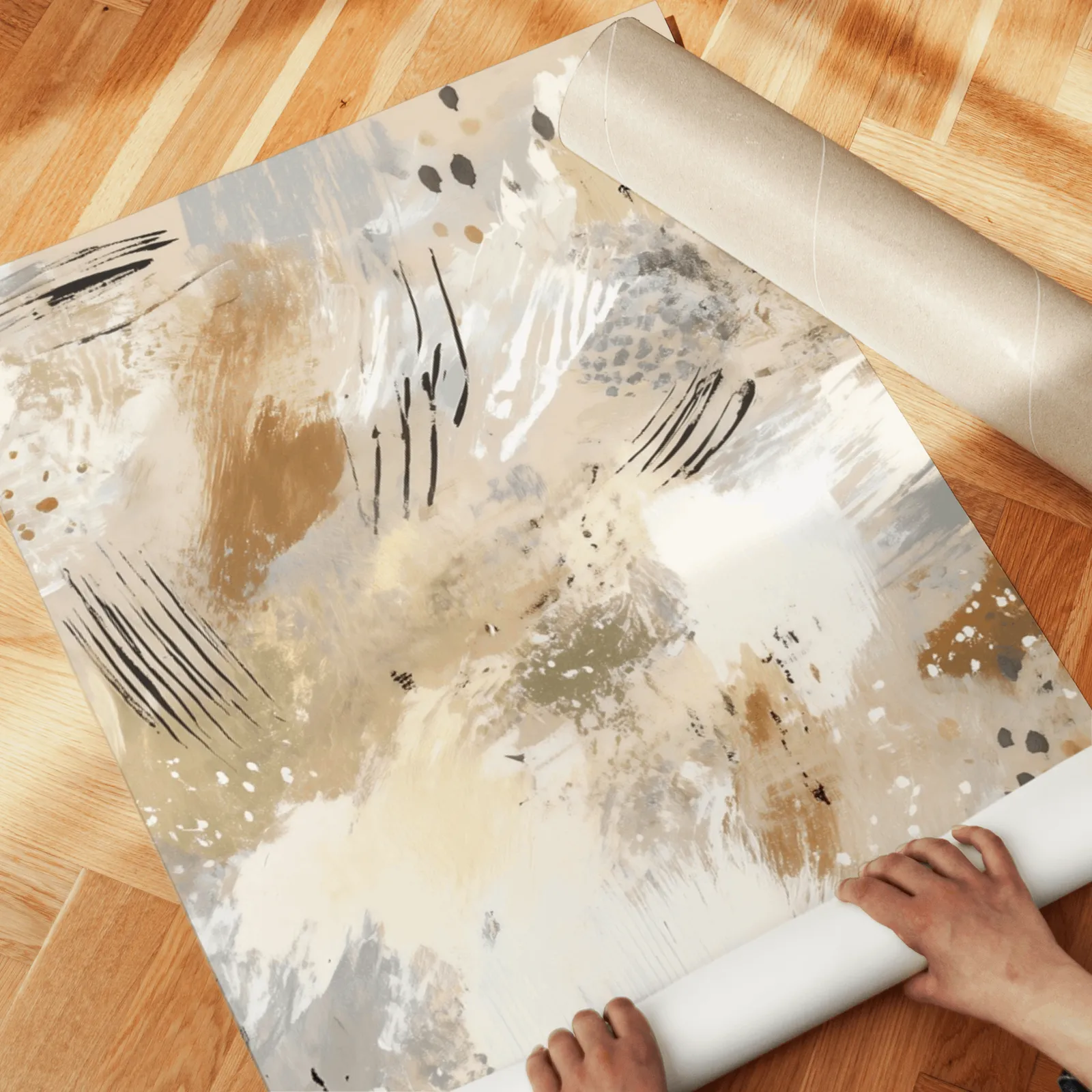 neutral abstract three piece wall art in beige and black, unrolled across a herringbone wood floor by hand