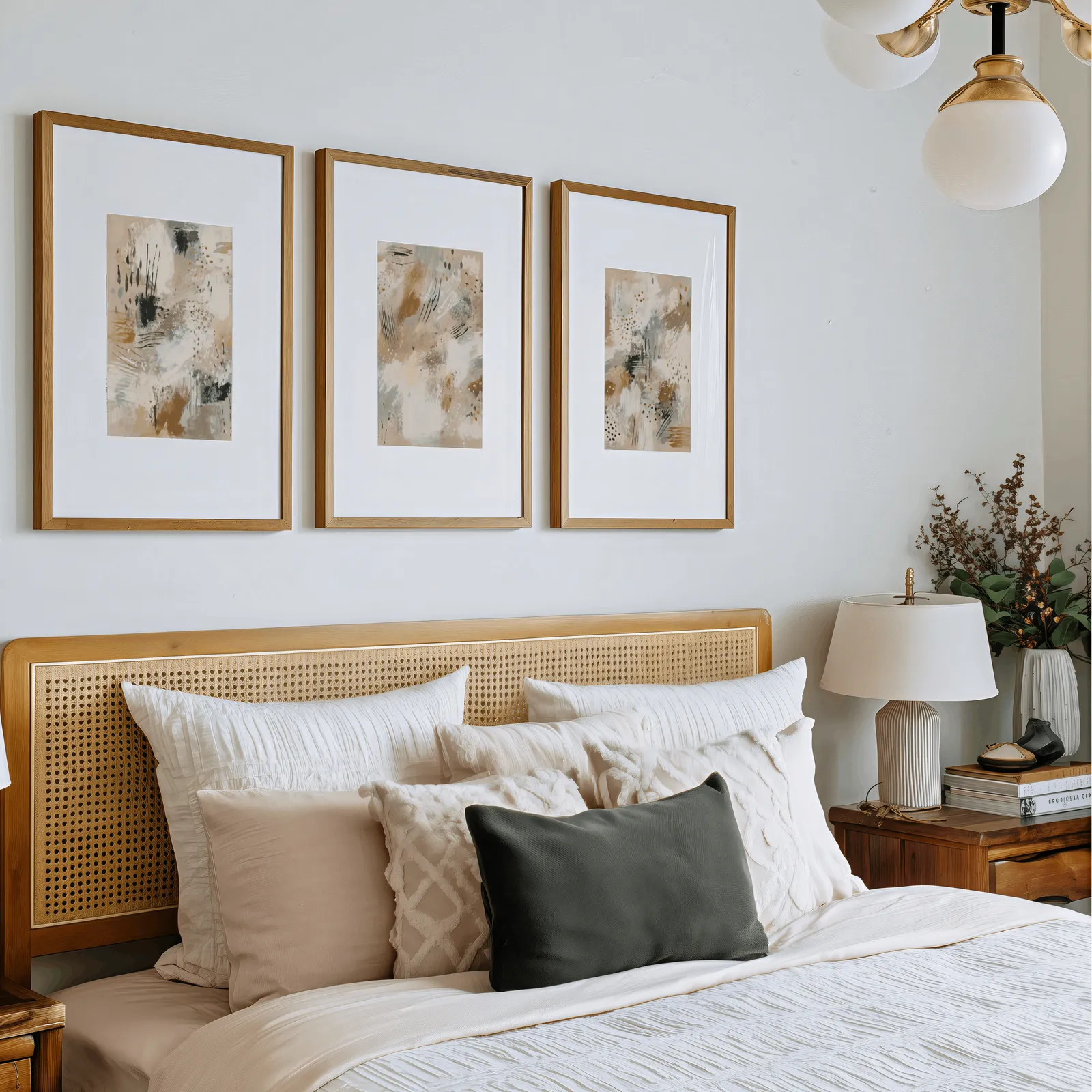 neutral abstract three piece wall art in beige and black, above a rattan headboard piled with pillows
