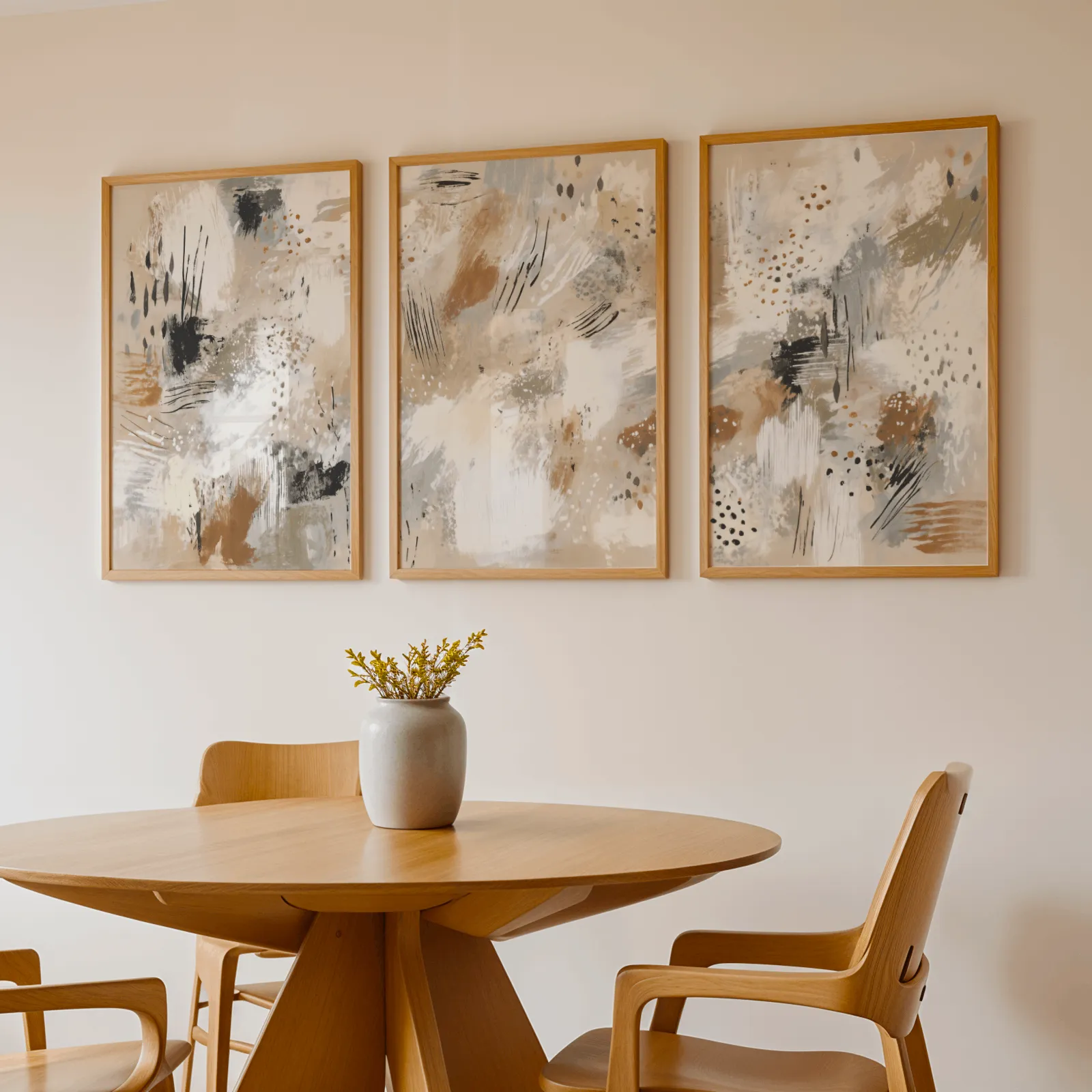 neutral abstract three piece wall art in beige and black, above a round wooden table with a stoneware vase