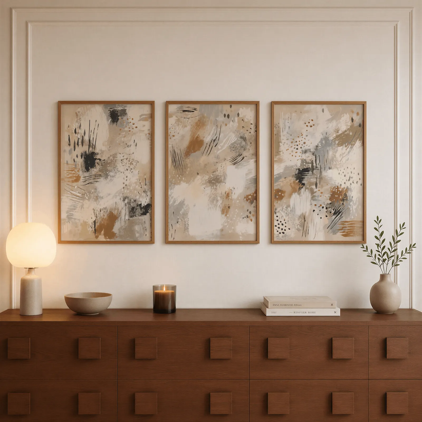 neutral abstract three piece wall art in beige and black, above a walnut sideboard with a lit candle and glowing lamp