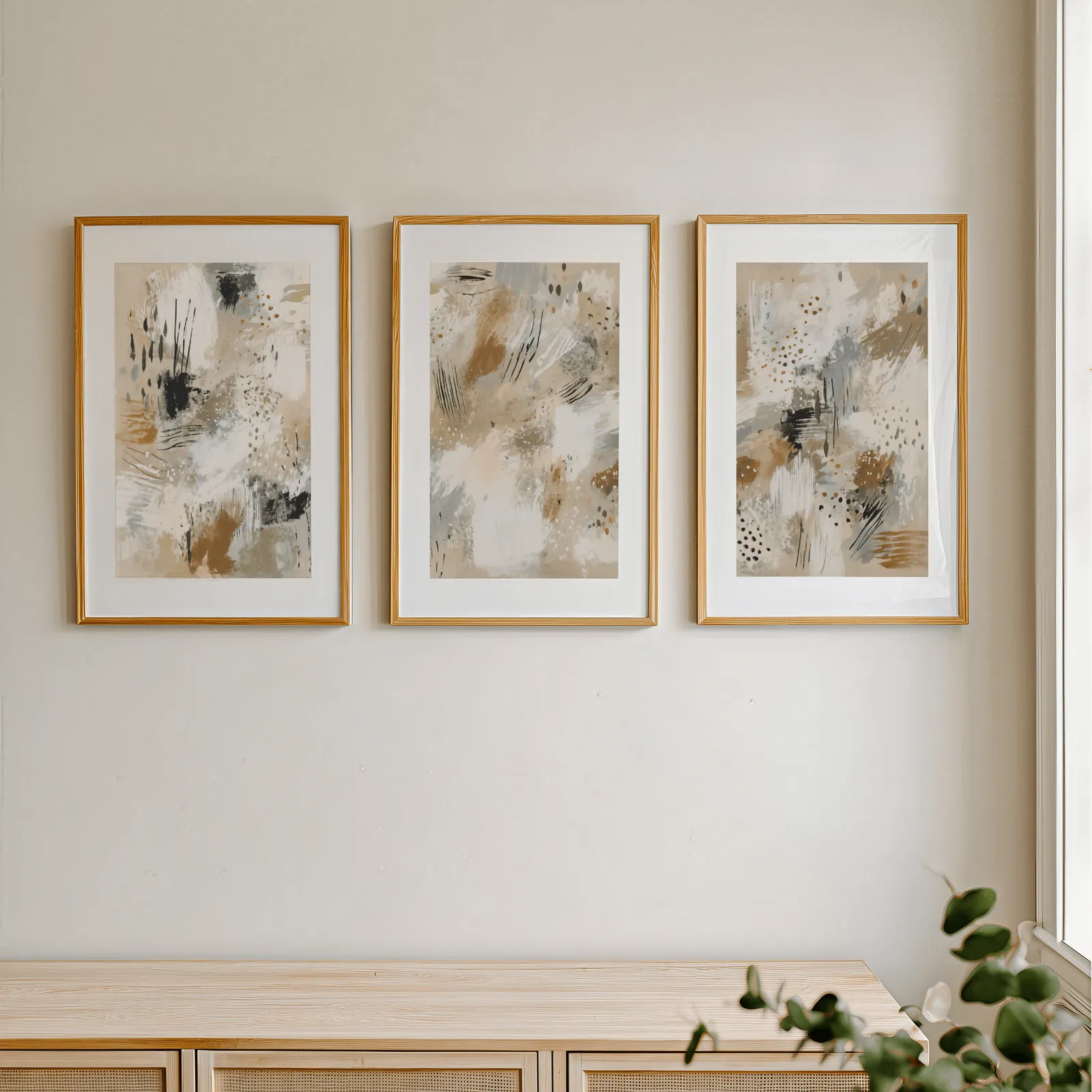 neutral abstract three piece wall art in beige and black, in a row above a light wooden sideboard near a window