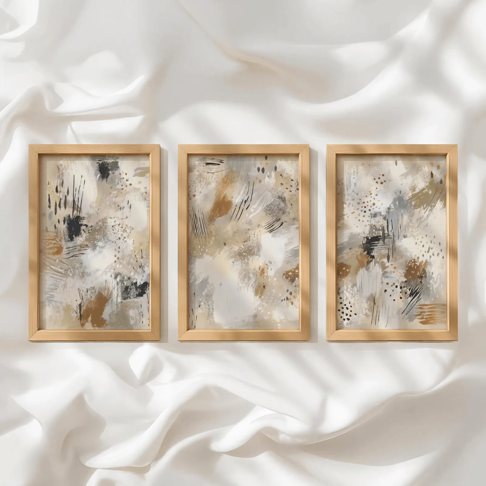 neutral abstract three piece wall art in beige and black, in a row atop rumpled white silky fabric