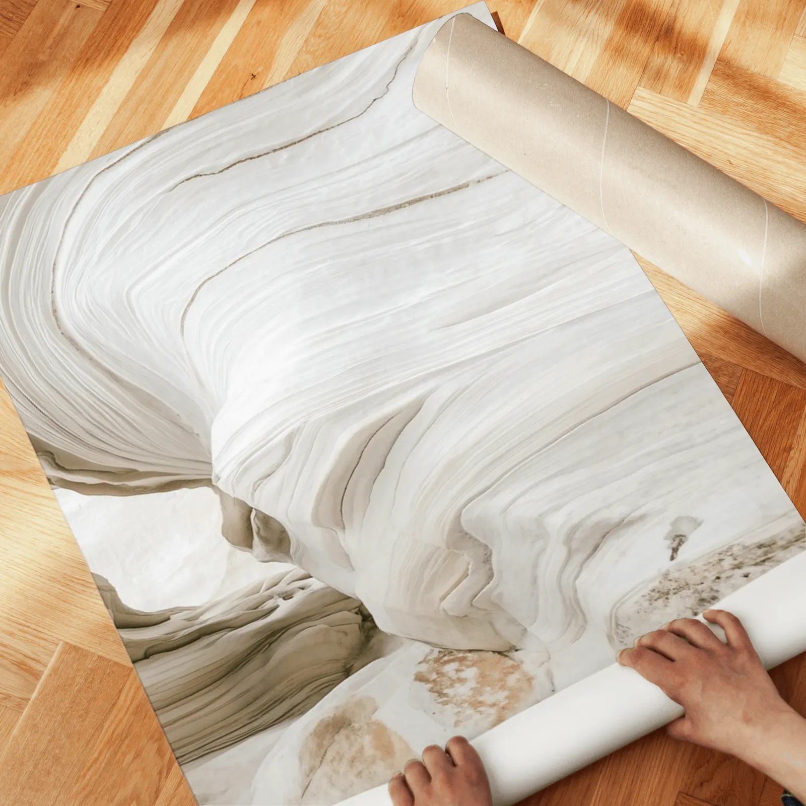 beige abstract stone texture wall art set of 2, unrolled across a herringbone parquet floor by hand