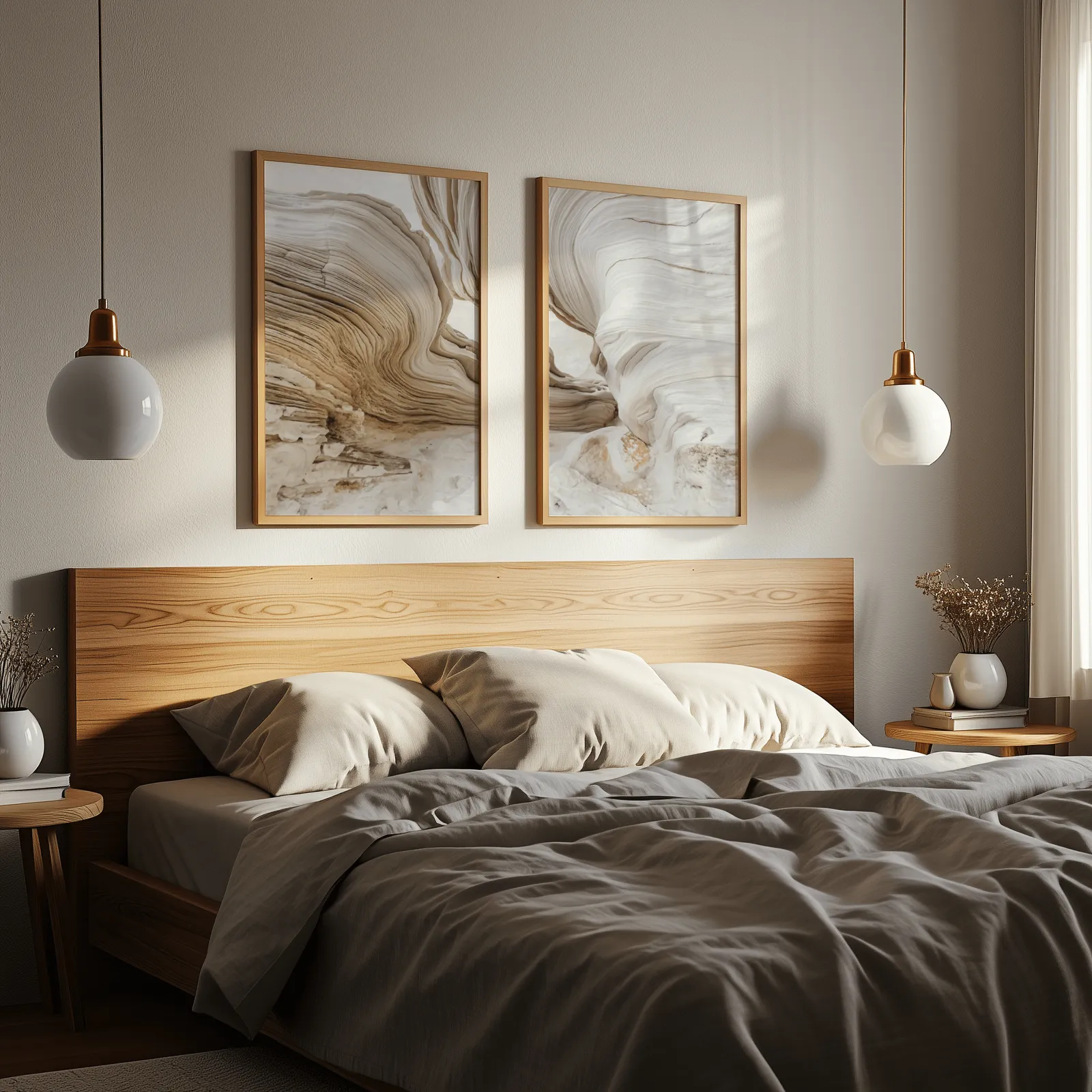 beige abstract stone texture wall art set of 2, above a wooden headboard flanked by globe pendant lights