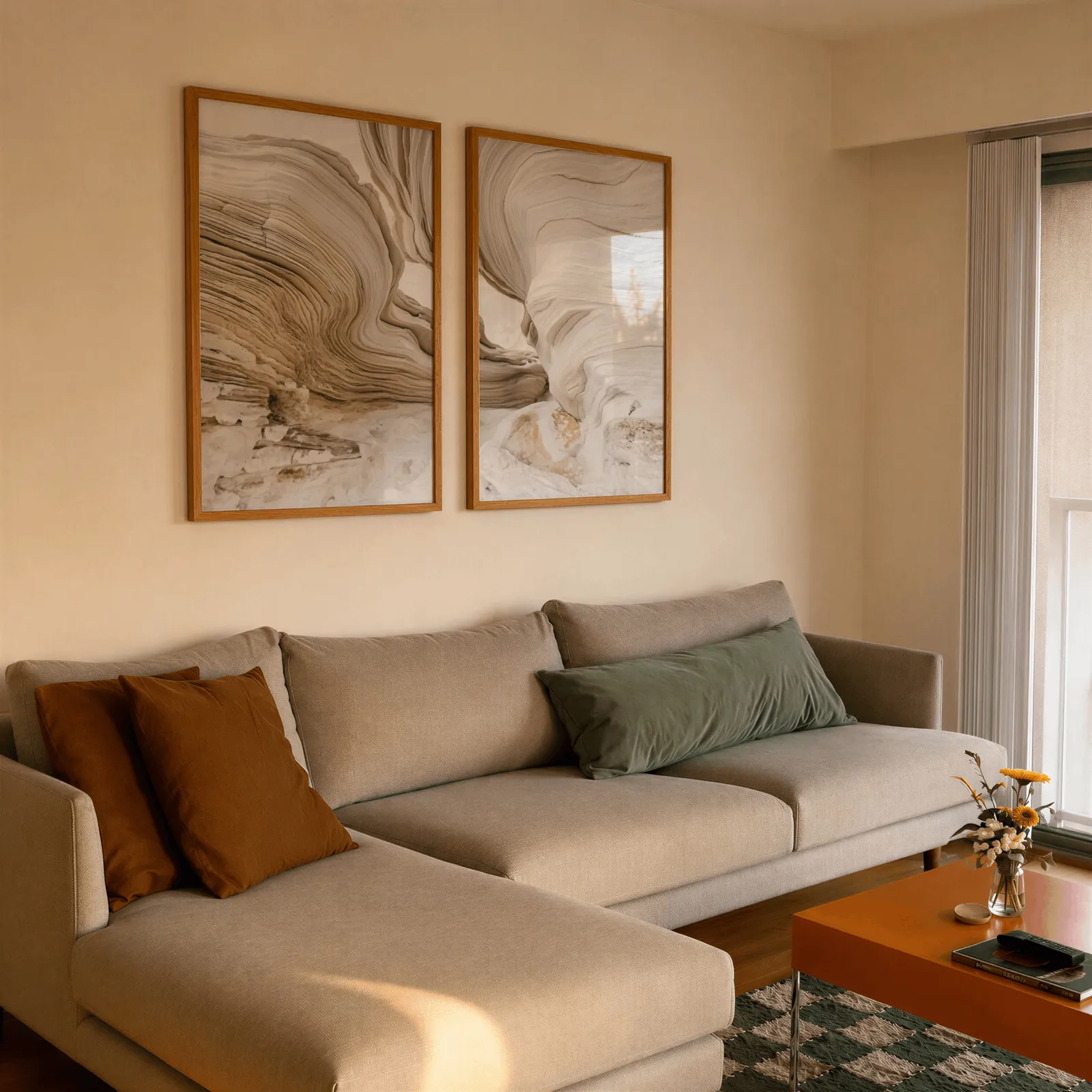 beige abstract stone texture wall art set of 2, side by side above a beige sectional sofa