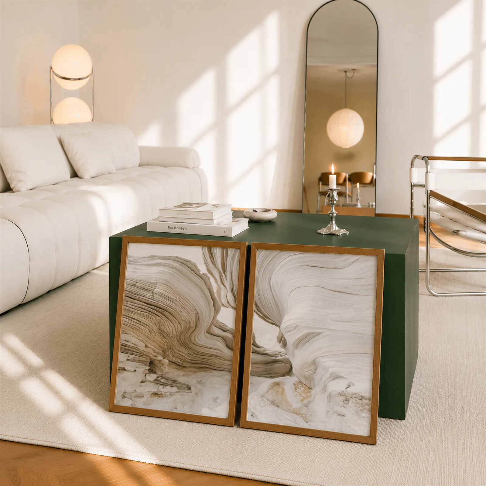 beige abstract stone texture wall art set of 2, leaning against a dark green cube table beside an arched mirror