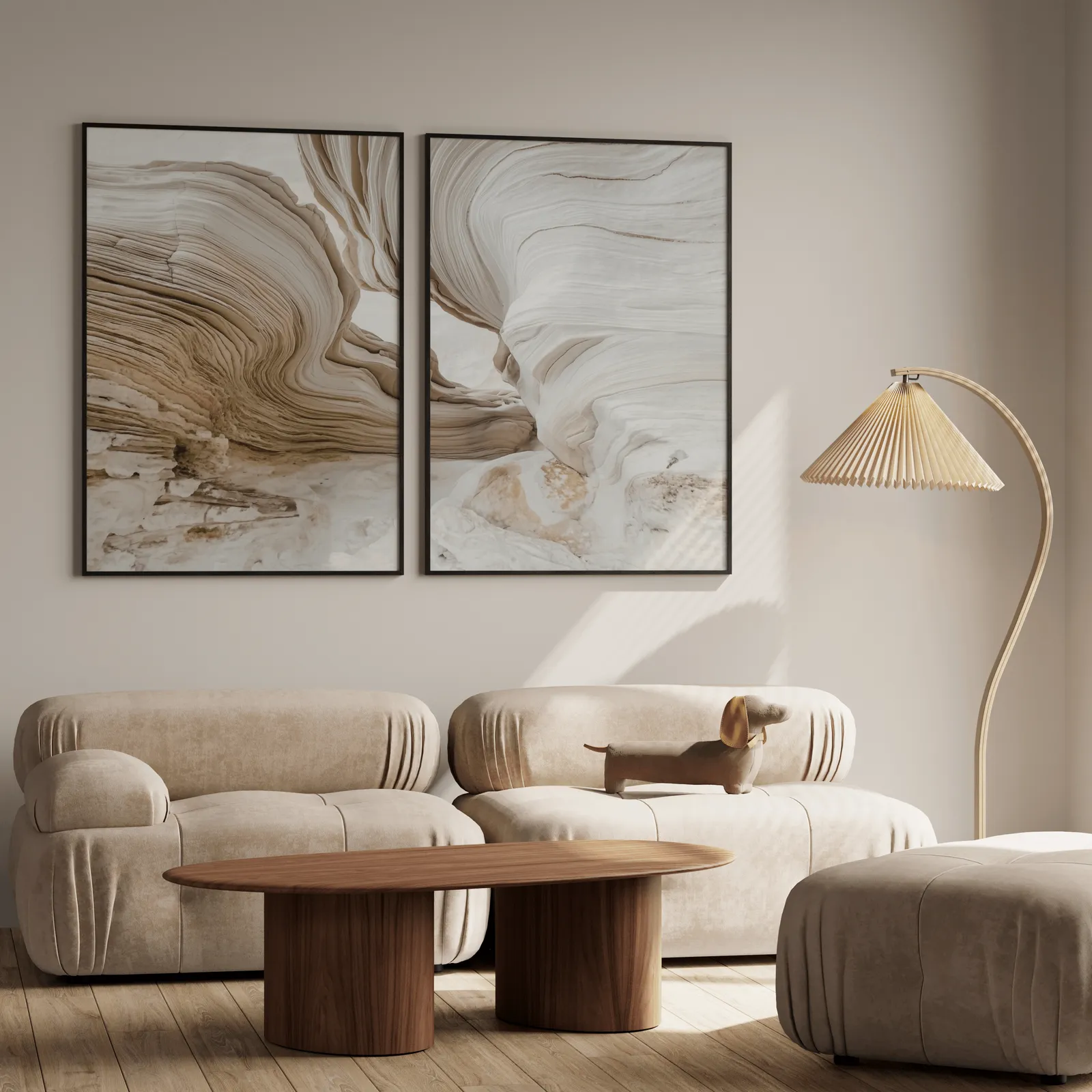 beige abstract stone texture wall art set of 2, above a plush beige sofa with a pleated lamp nearby