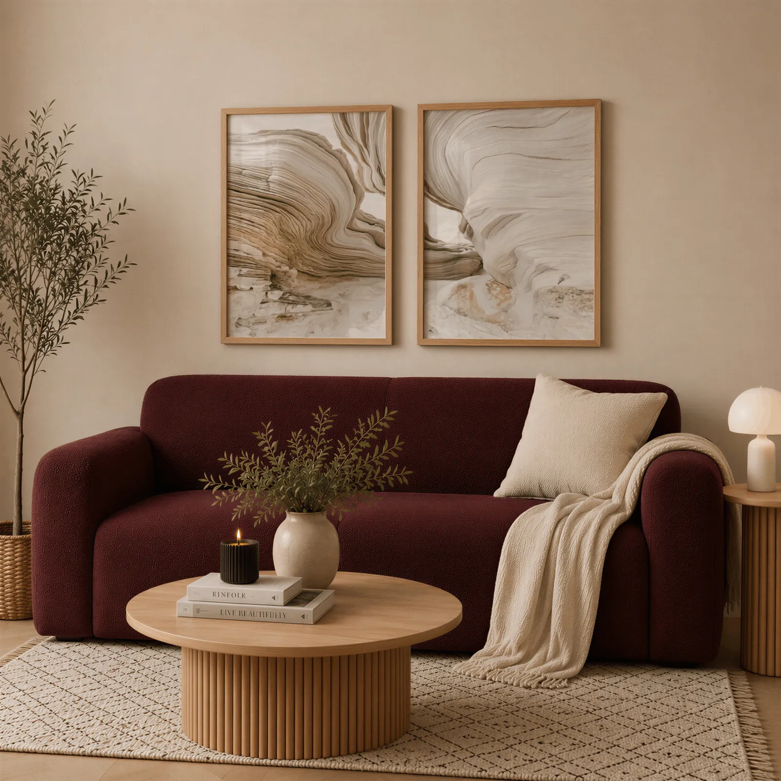 beige abstract stone texture wall art set of 2, above a deep burgundy boucle sofa with cream throw