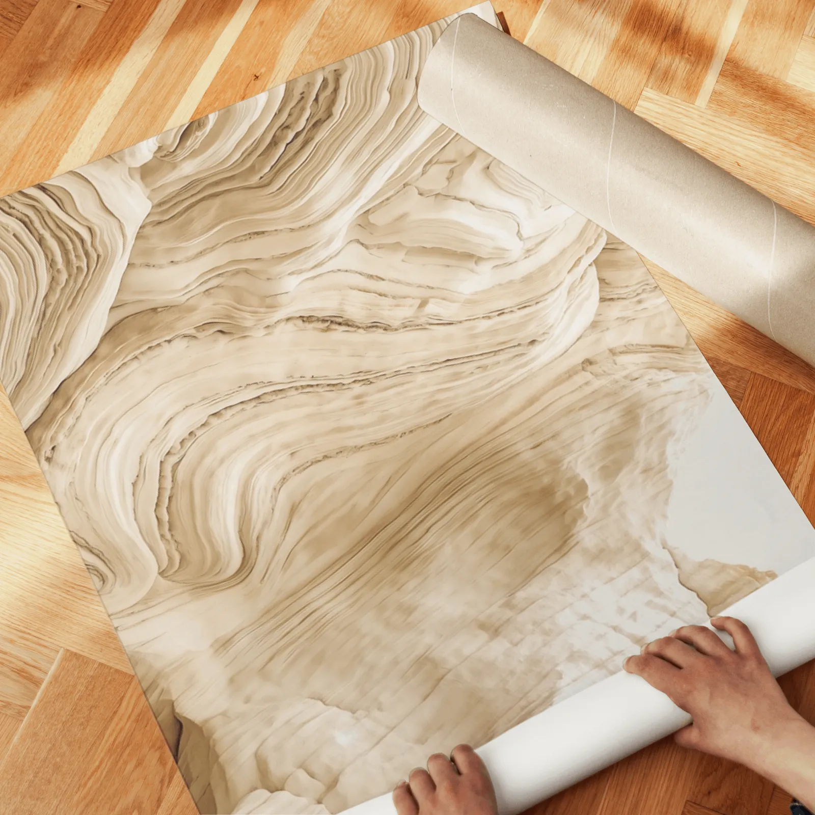 beige abstract nature wall art set of 2, unrolled across a herringbone parquet floor by hand