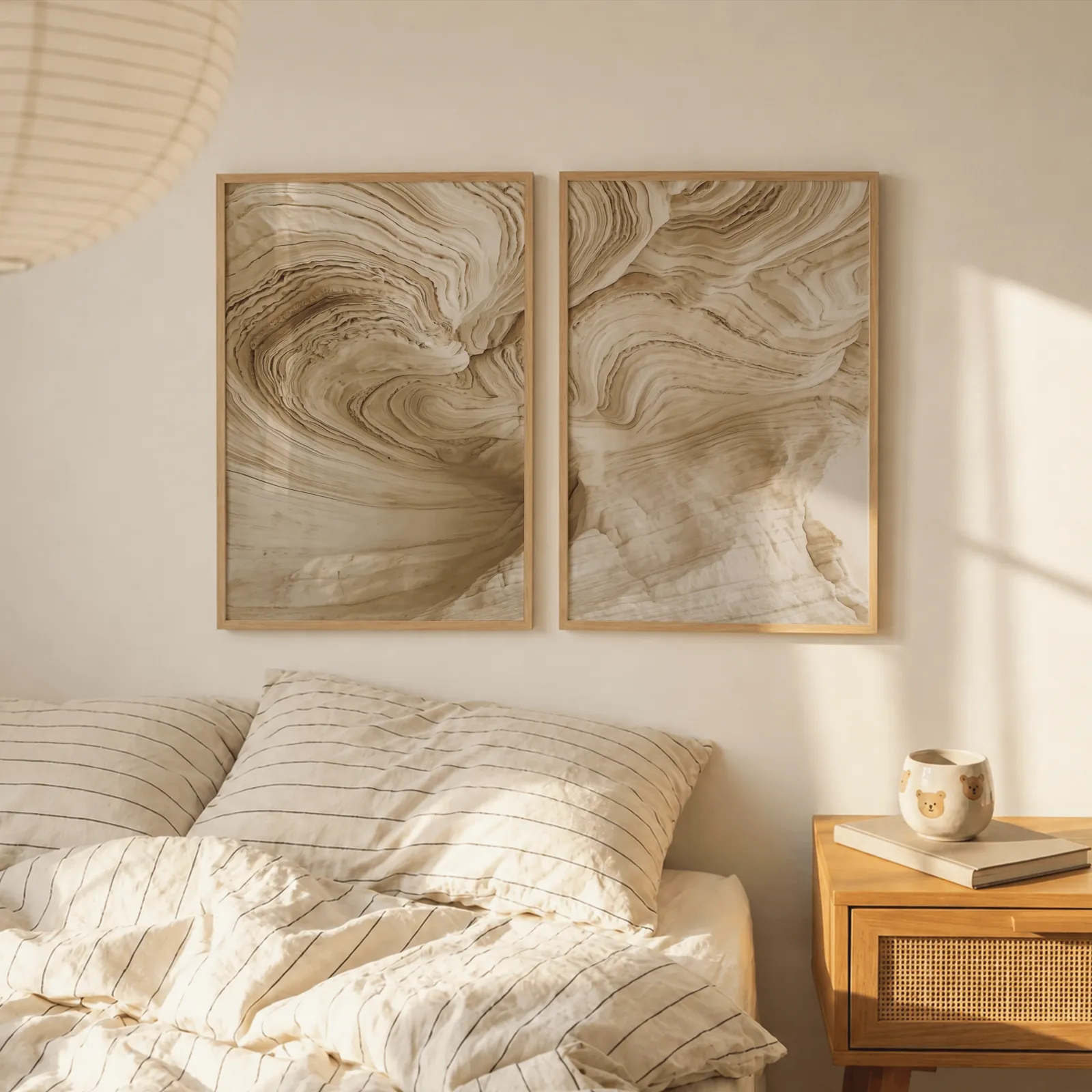 beige abstract nature wall art set of 2, above a striped linen bed beside a paper lantern shade