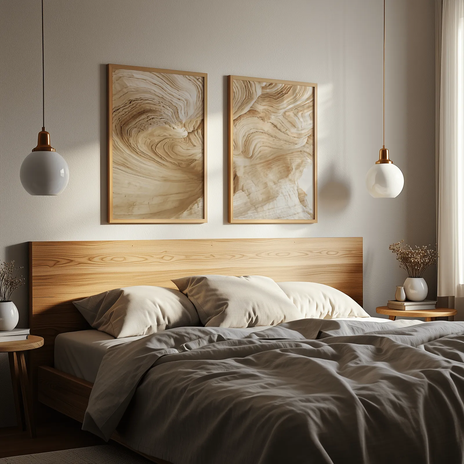 beige abstract nature wall art set of 2, above a wooden headboard flanked by globe pendant lights