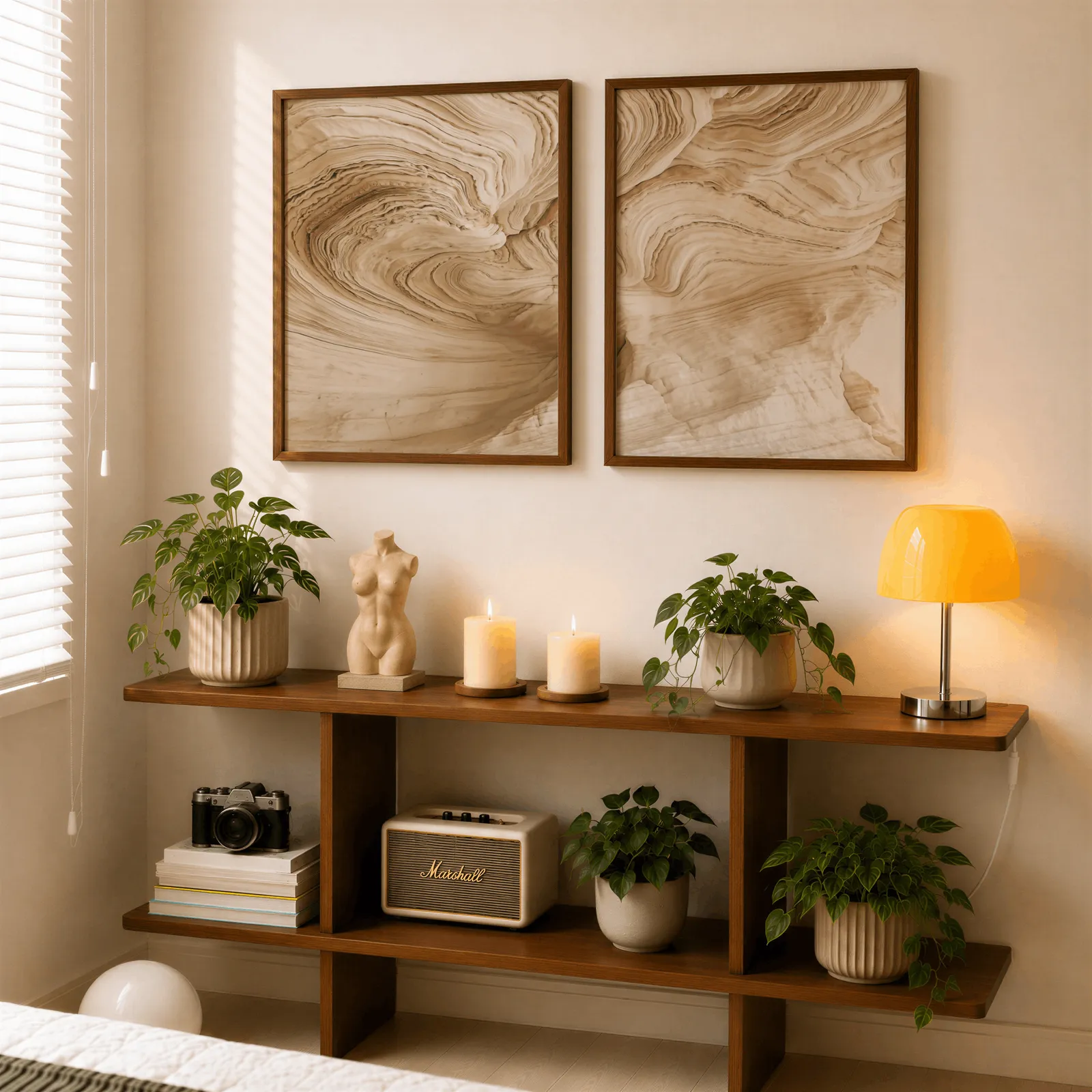 beige abstract nature wall art set of 2, above a wooden console shelf with potted plants and a yellow lamp
