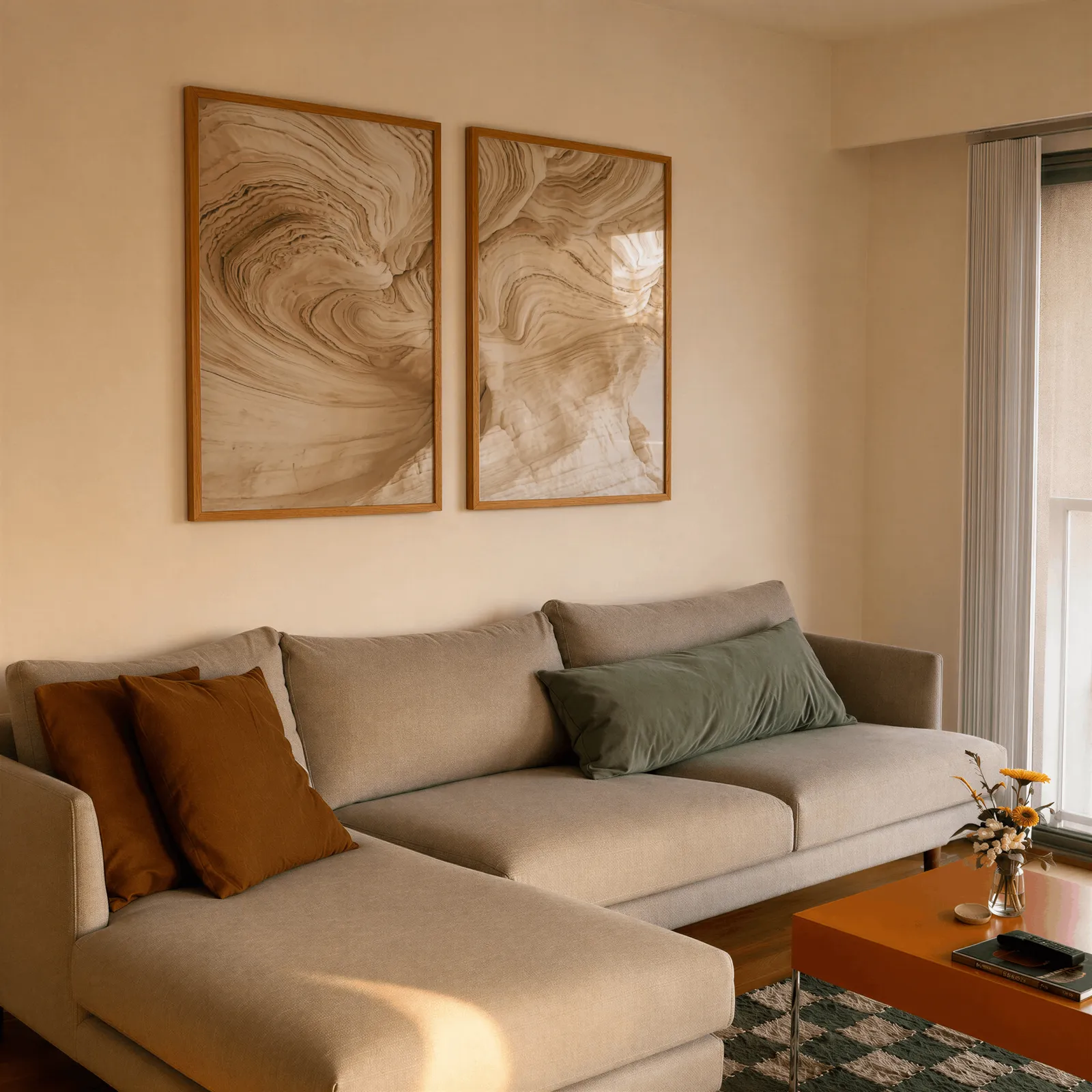 beige abstract nature wall art set of 2, side by side above a beige sectional sofa