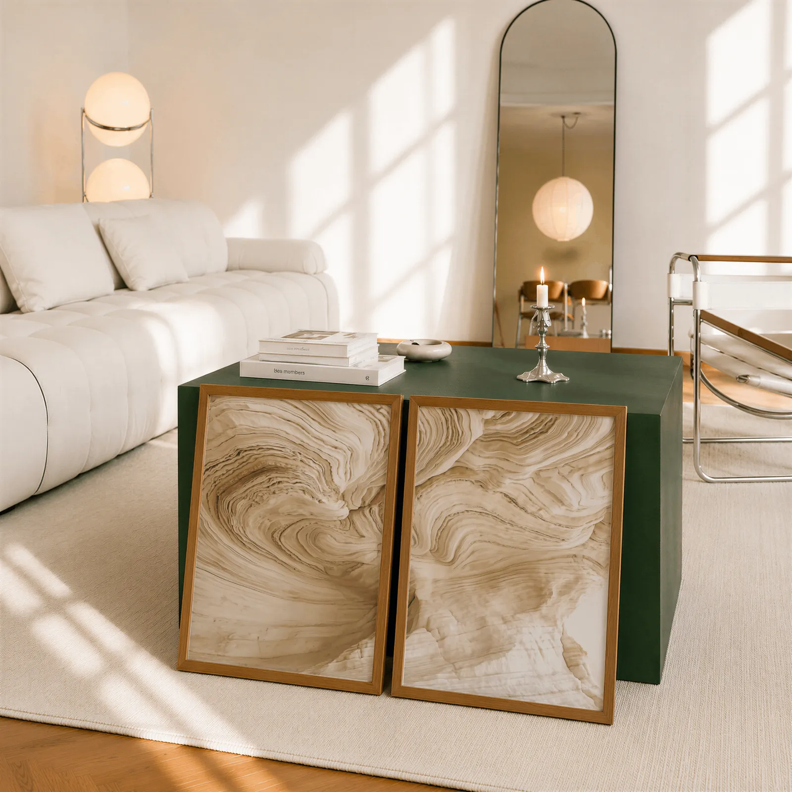 beige abstract nature wall art set of 2, leaning against a dark green cube table beside an arched mirror