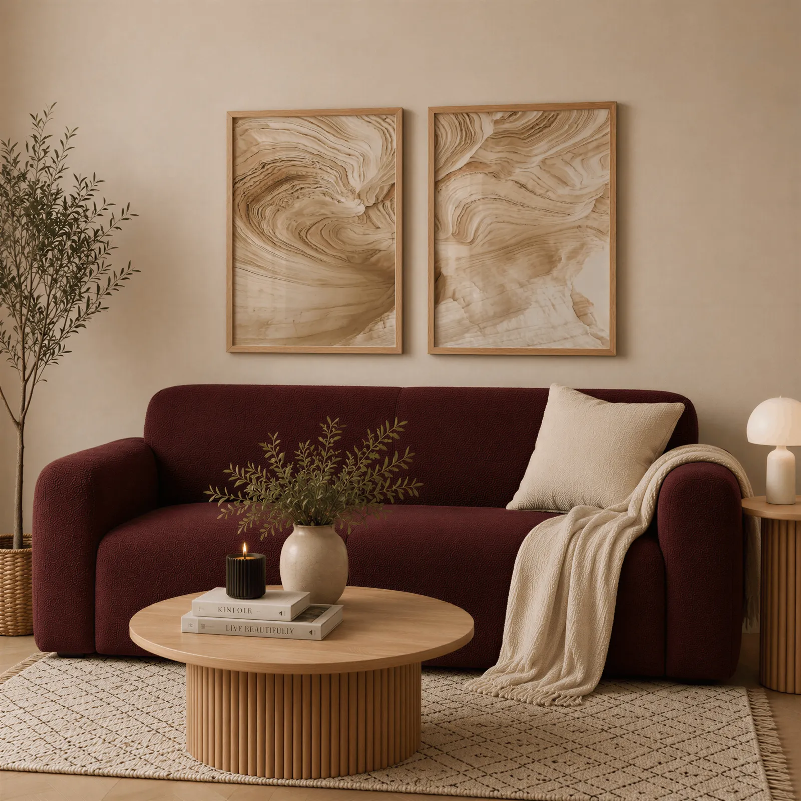 beige abstract nature wall art set of 2, above a deep burgundy boucle sofa with cream throw