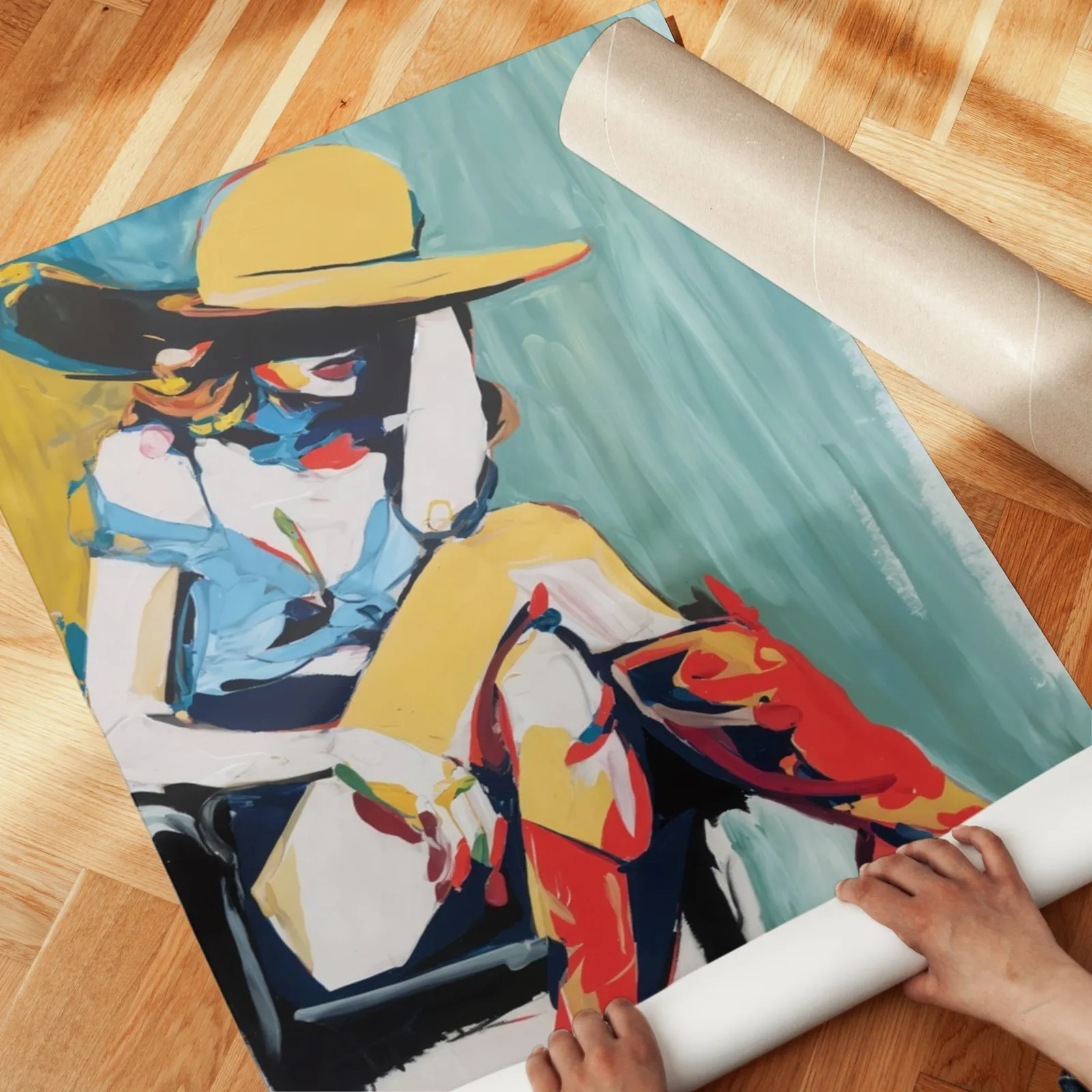 colorful western abstract woman wall art in yellow and red, unrolled across a herringbone parquet floor by hand
